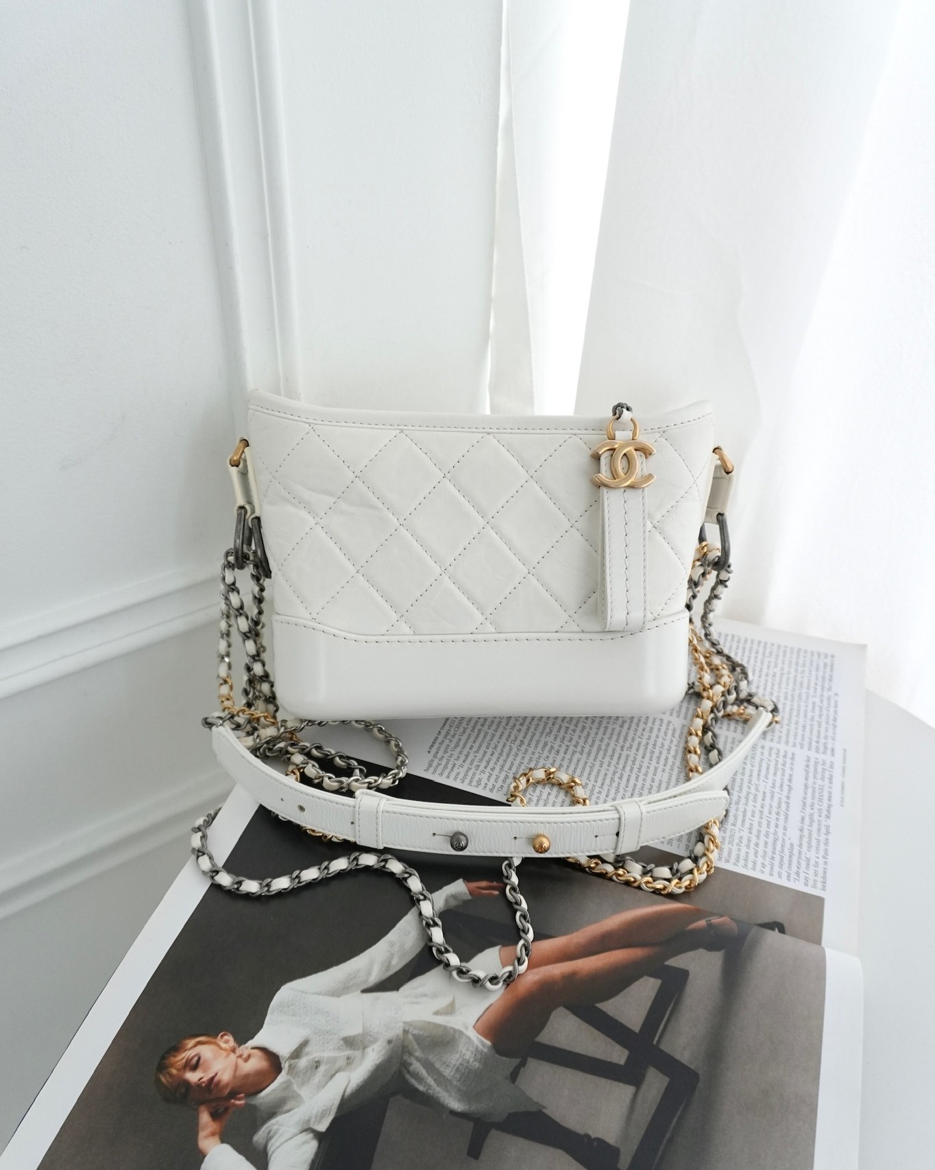 Chanel Small Gabrielle Hobo Quilted White Aged Calfskin