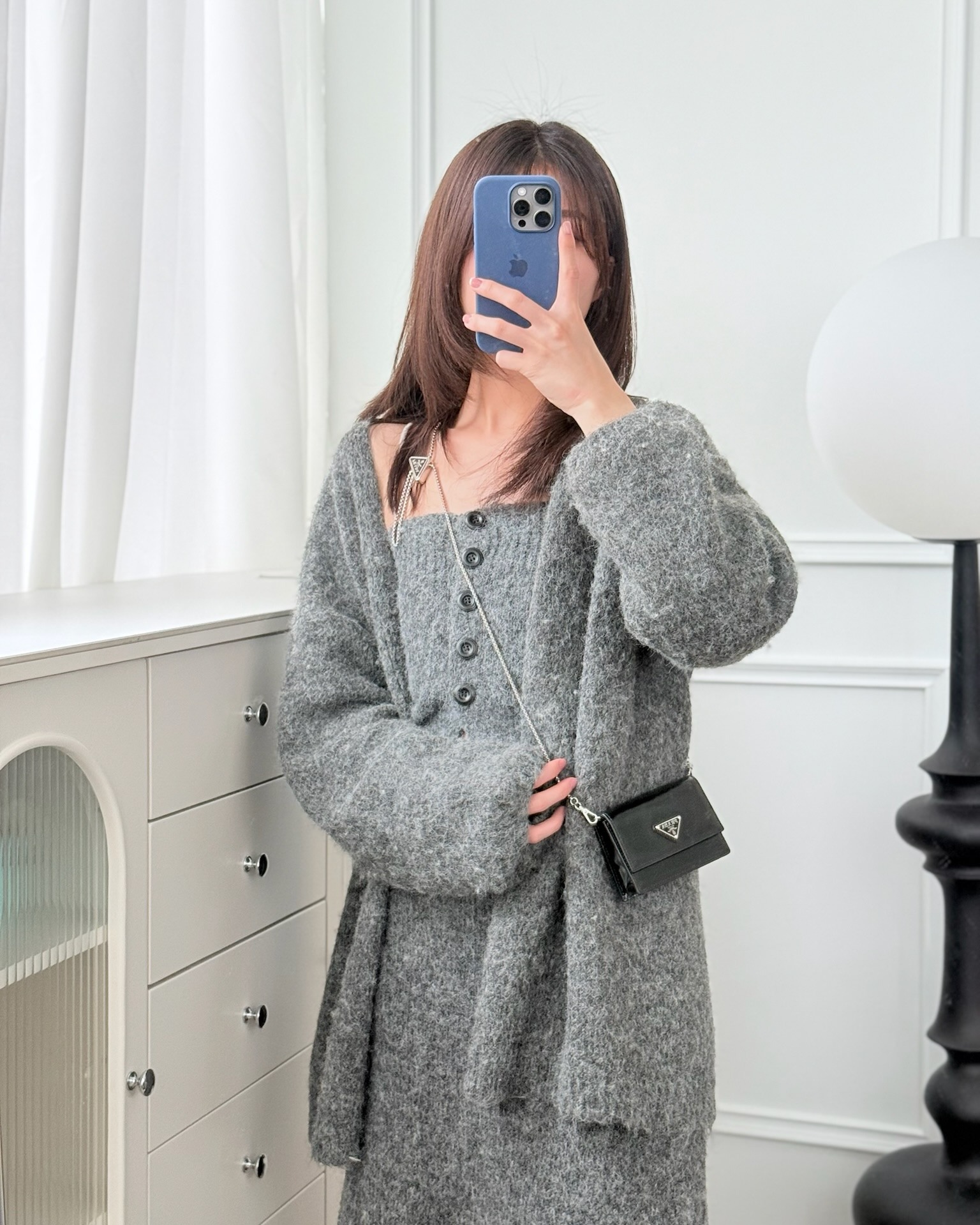 Prada Card Holder with Shoulder Strap ini Black Brushed Leather