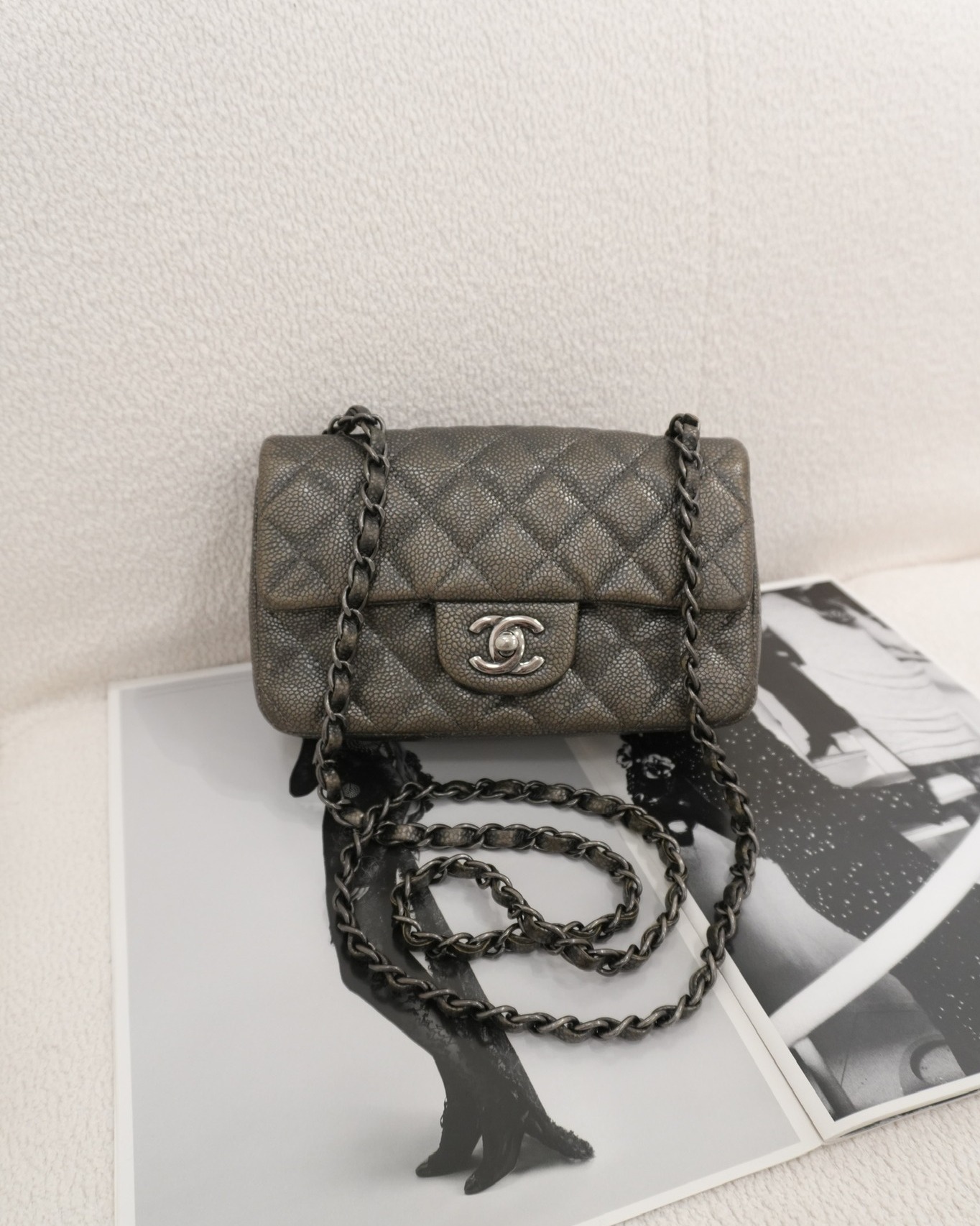 Chanel Mini Rectangular Quilted Metallic Grey Caviar