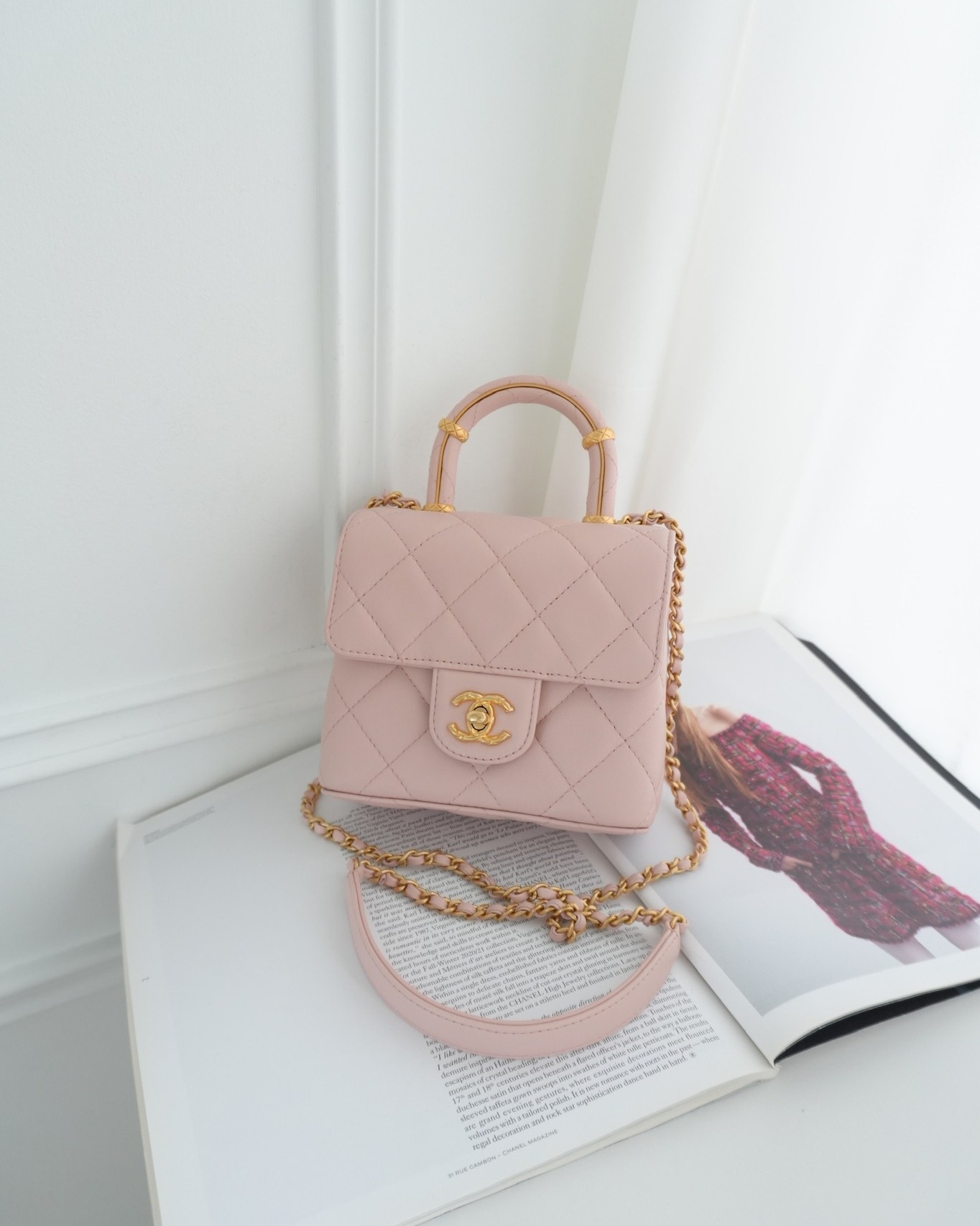 Chanel Top Handle Flap Bag Pink Lambskin Aged 23S