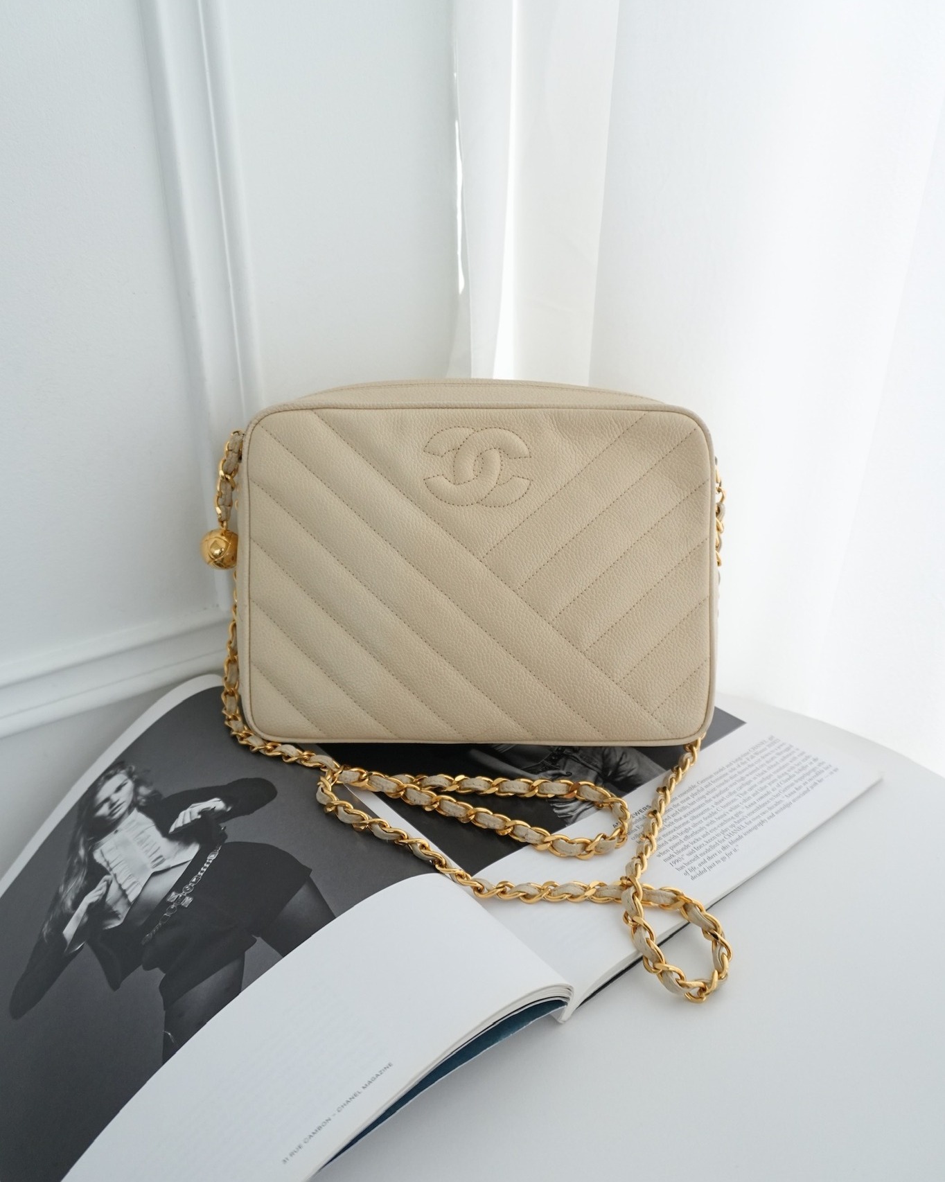 Chanel Vintage Chevron Camera Bag Light Beige Caviar