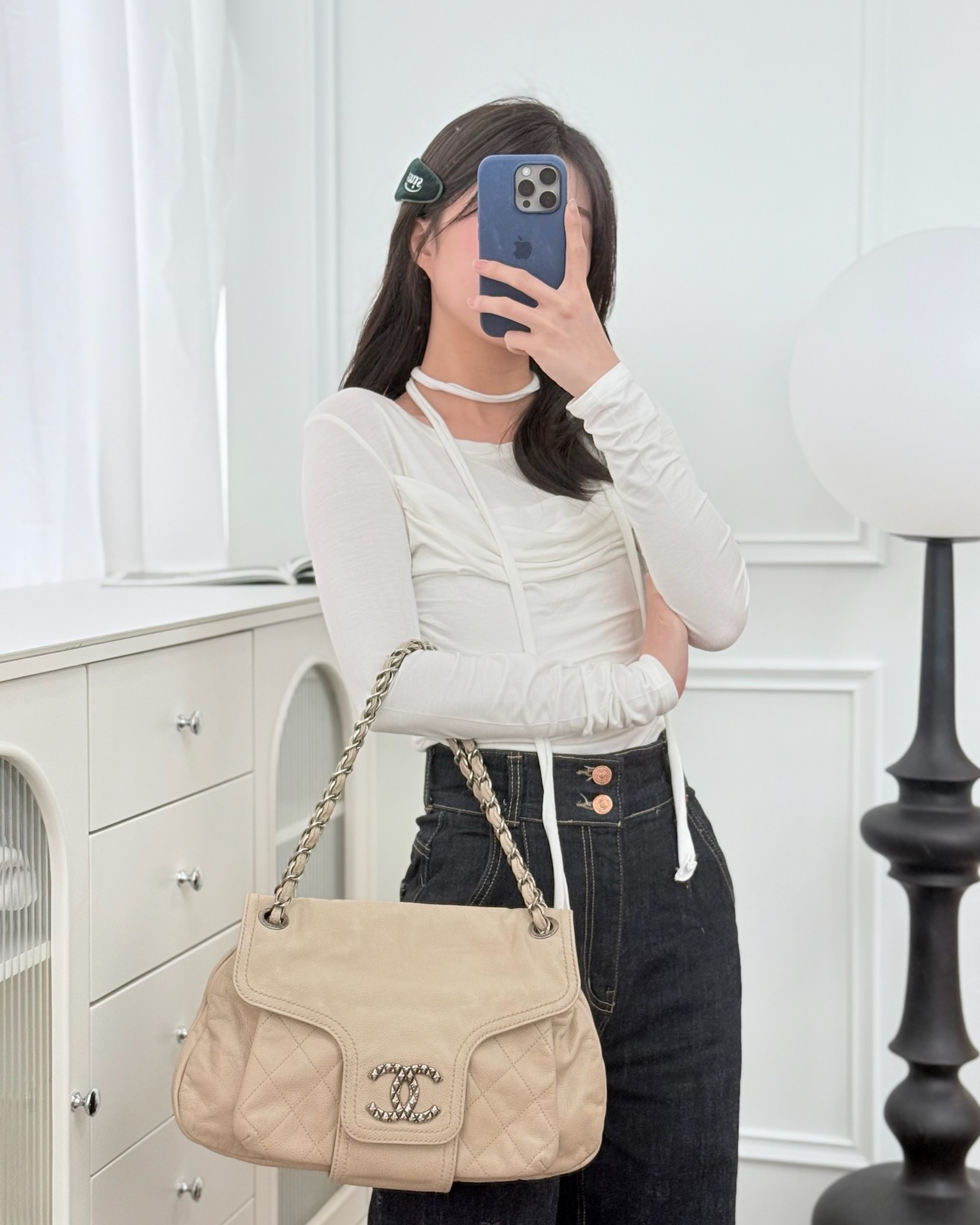 Chanel Quilted Coco Rider Hobo Bag Beige Caviar