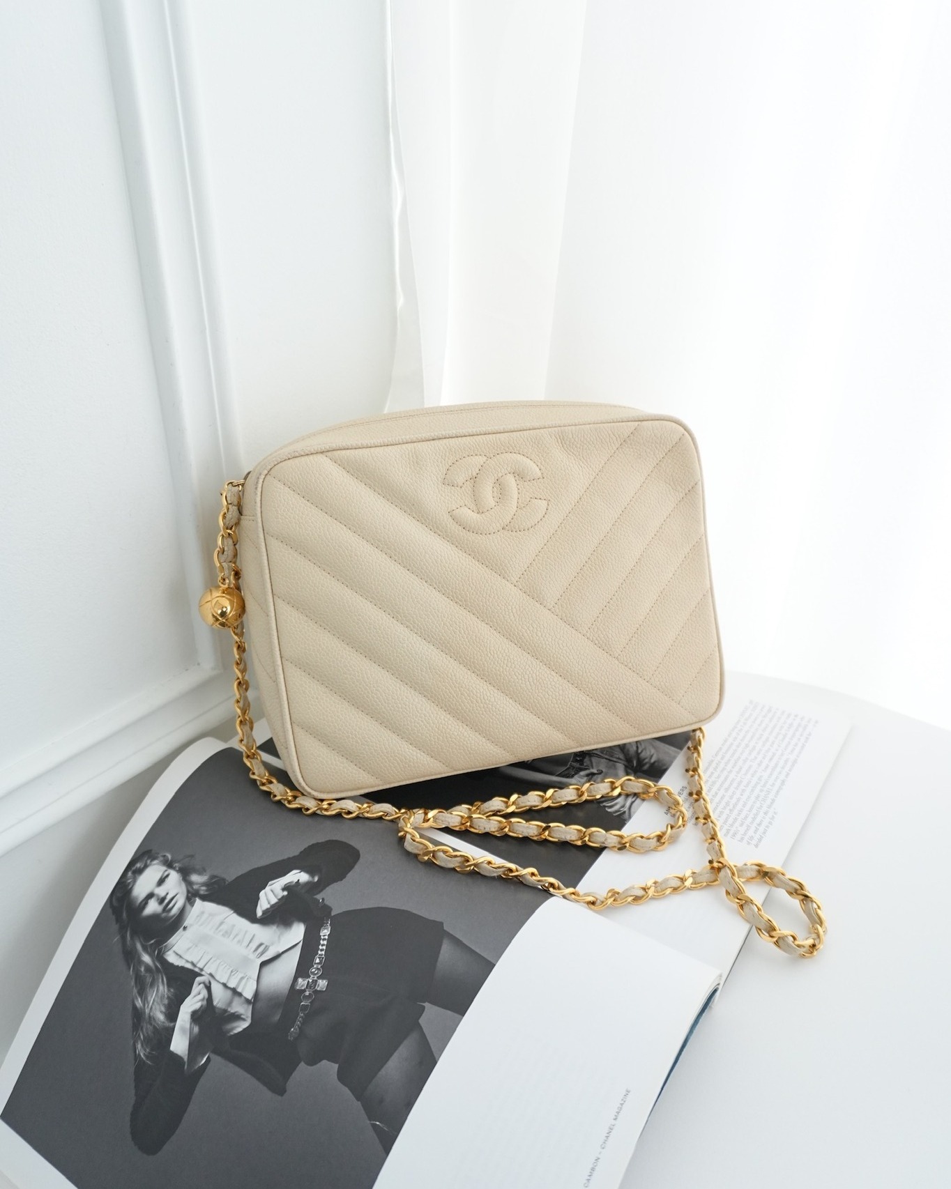 Chanel Vintage Chevron Camera Bag Light Beige Caviar
