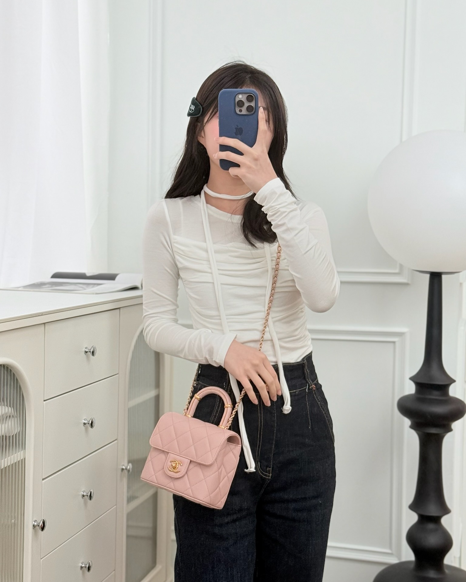 Chanel Top Handle Flap Bag Pink Lambskin Aged 23S