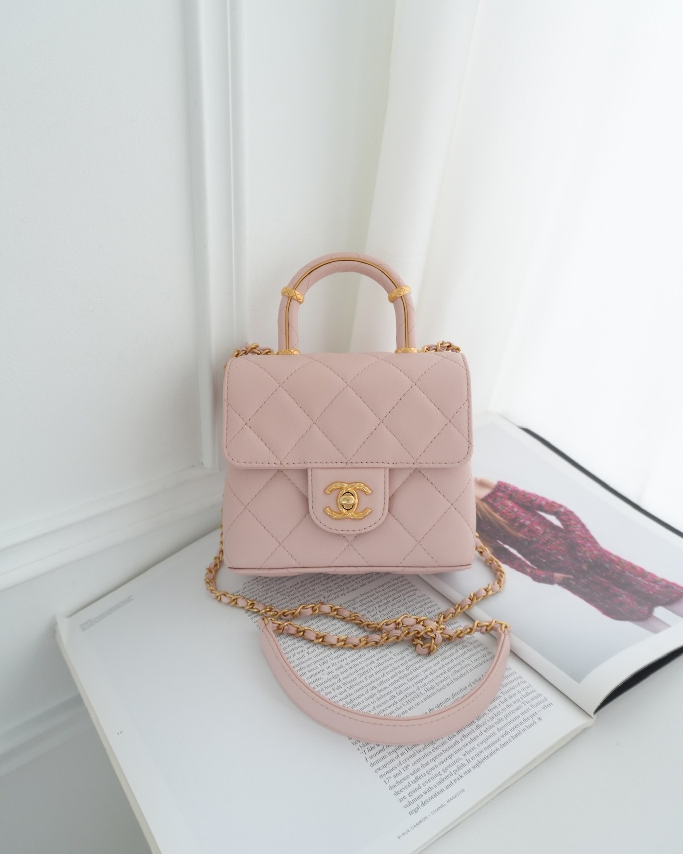 Chanel Top Handle Flap Bag Pink Lambskin Aged 23S