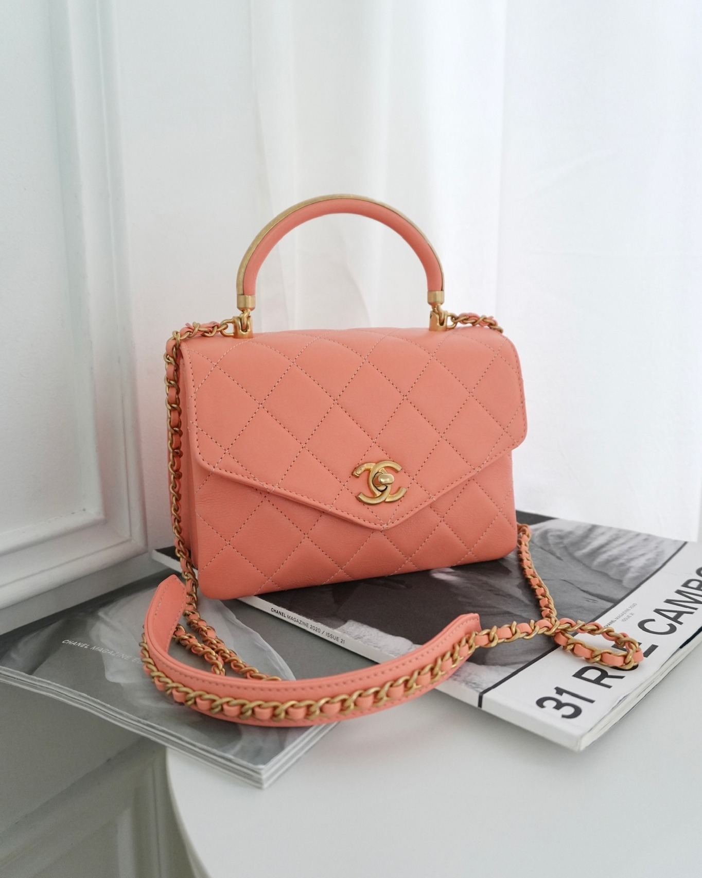 Chanel Metal Top Handle Flap Bag Iridescent Orange Claire Calfskin Aged