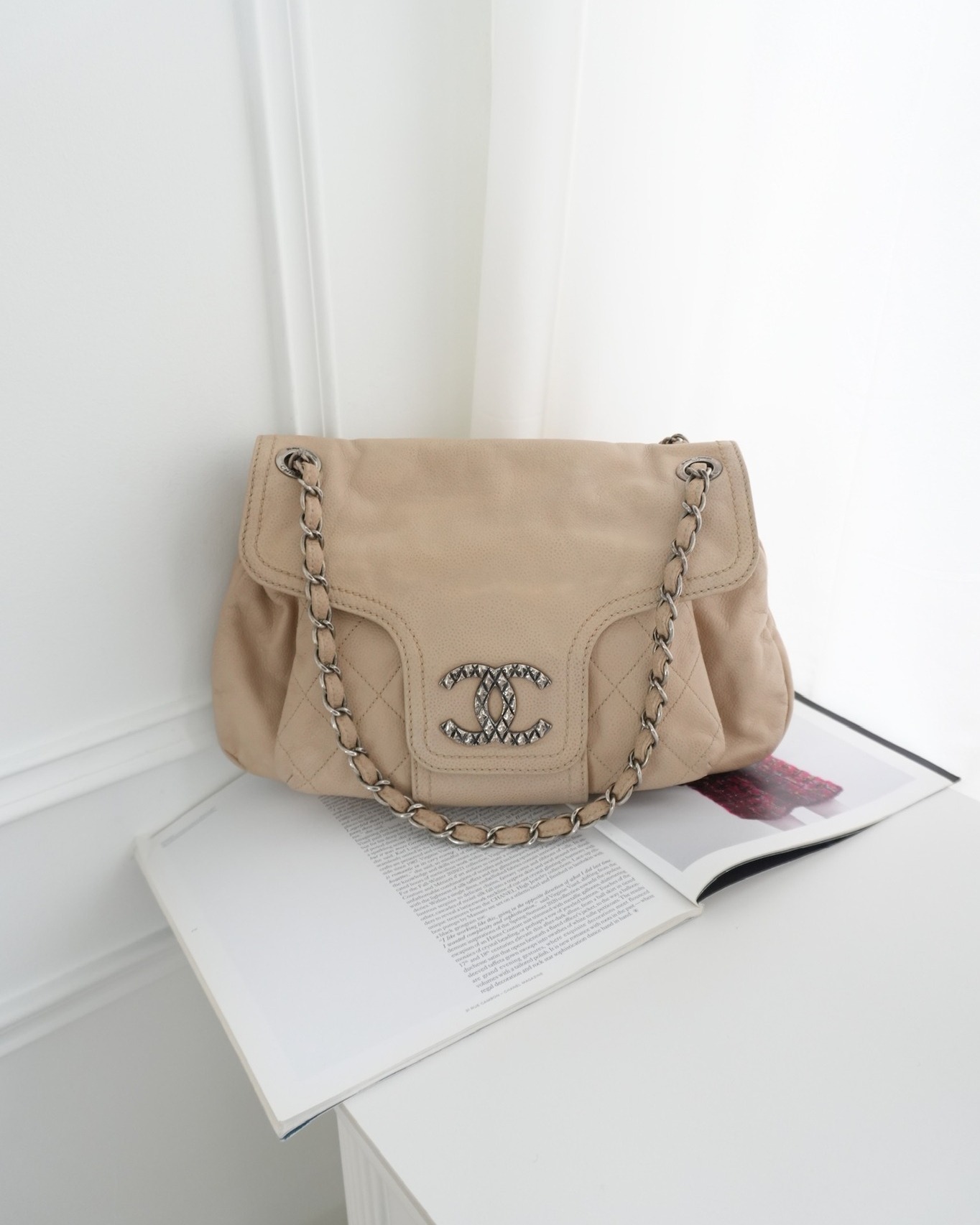 Chanel Quilted Coco Rider Hobo Bag Beige Caviar