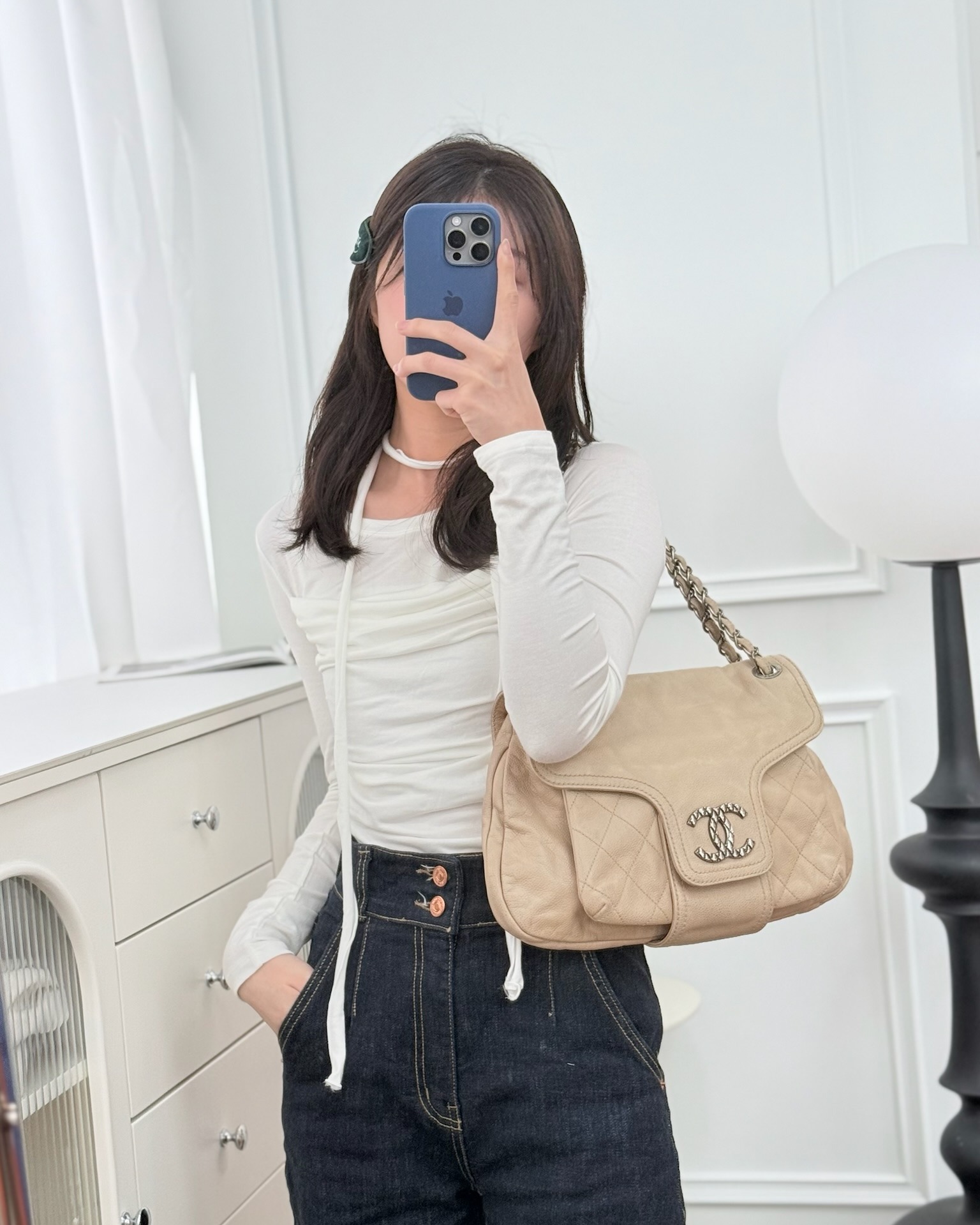 Chanel Quilted Coco Rider Hobo Bag Beige Caviar