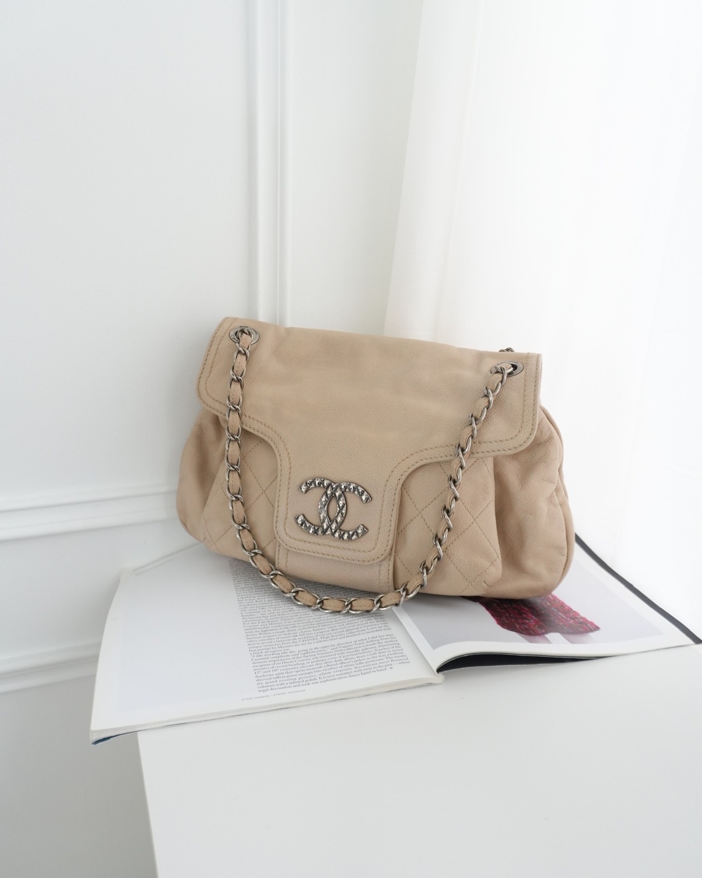 Chanel Quilted Coco Rider Hobo Bag Beige Caviar