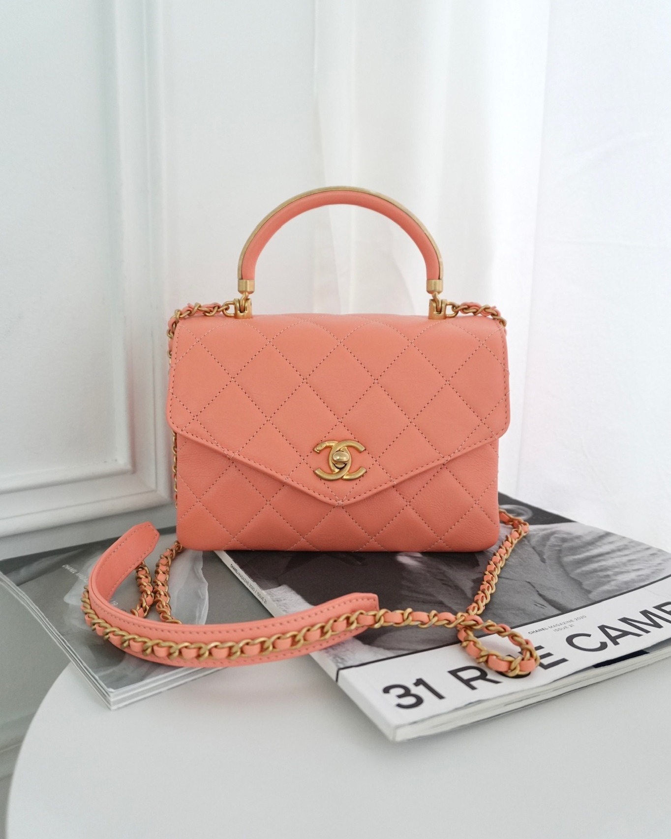 Chanel Metal Top Handle Flap Bag Iridescent Orange Claire Calfskin Aged