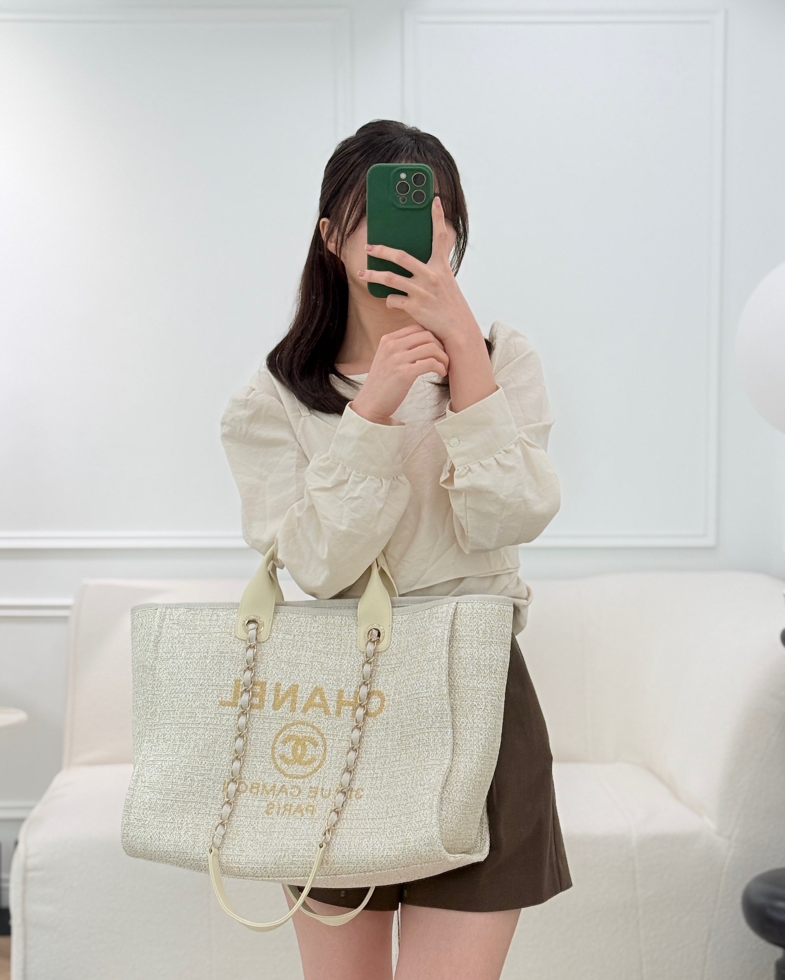 Chanel Large Deauville Ivory/Gold Canvas