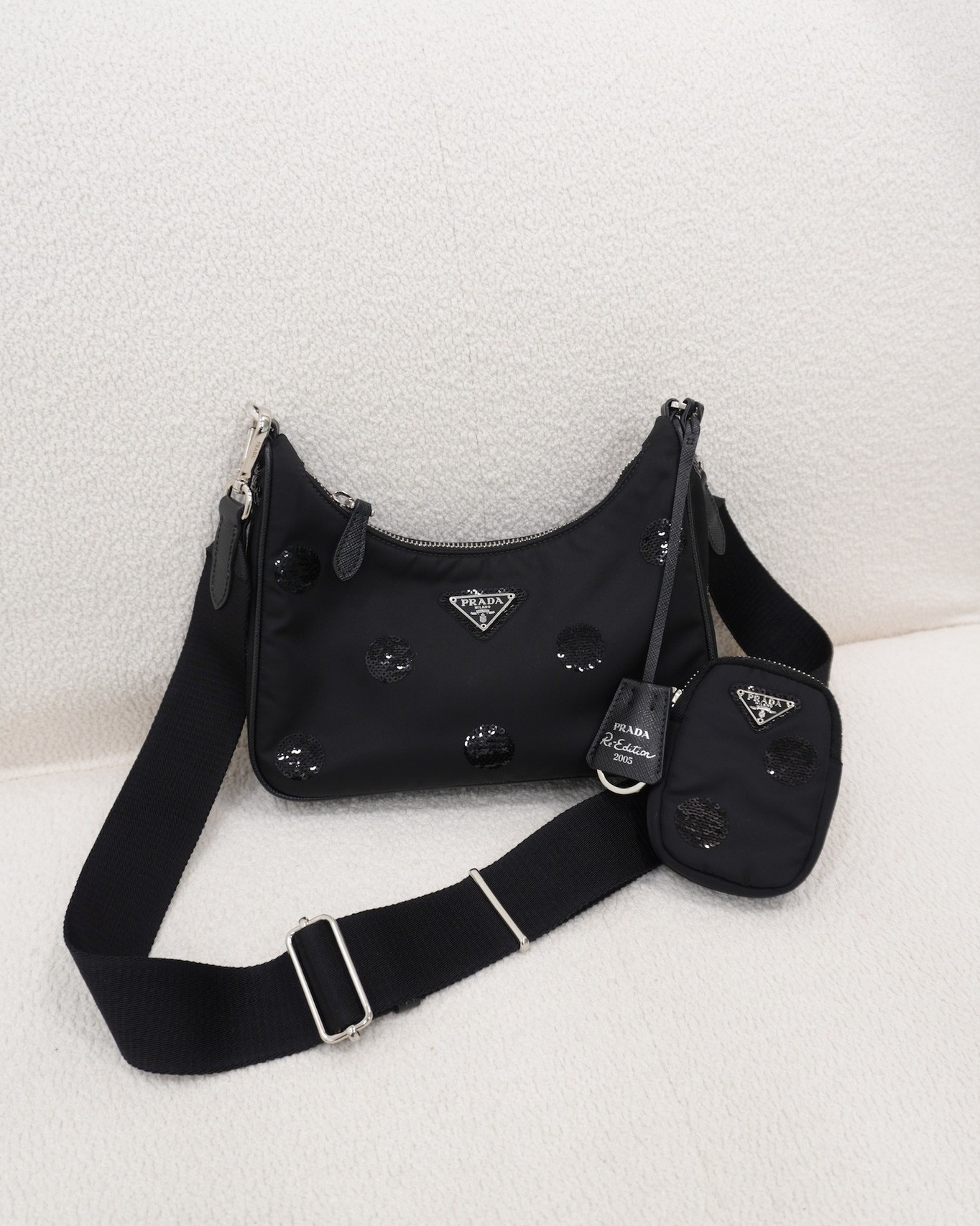 Prada Nylon Re-Edition 2005 Shoulder Bag Black Sequin Polka Dot