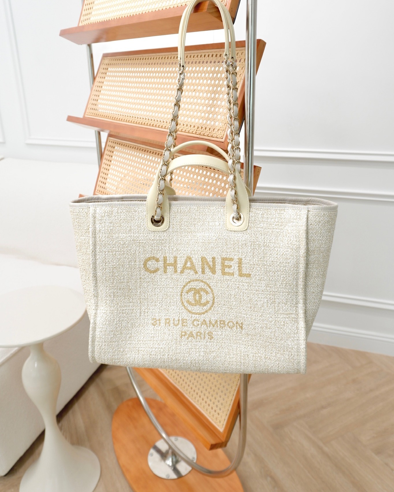 Chanel Large Deauville Ivory/Gold Canvas