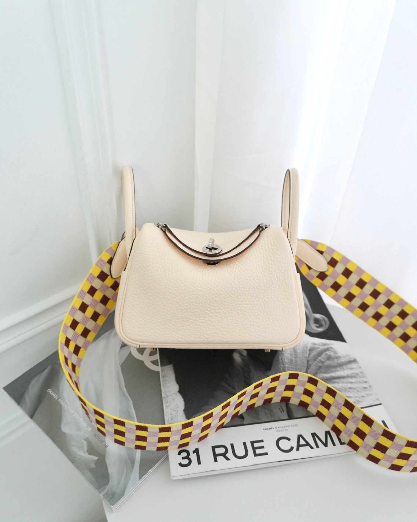 Hermès Mini Lindy Nata I2 Clemence Maxi Quadrille Lime/Mauve sylvestre Toile