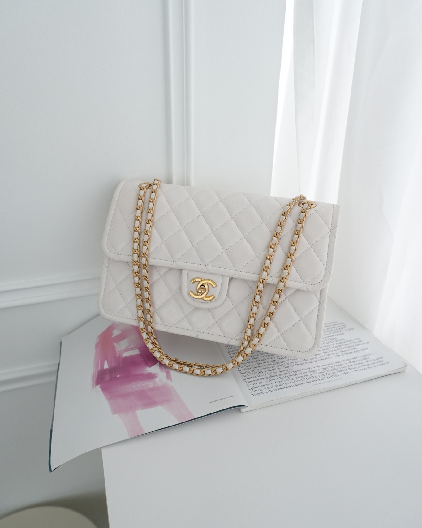 Chanel Large Quilted Sweet Classic Flap White Caviar Aged