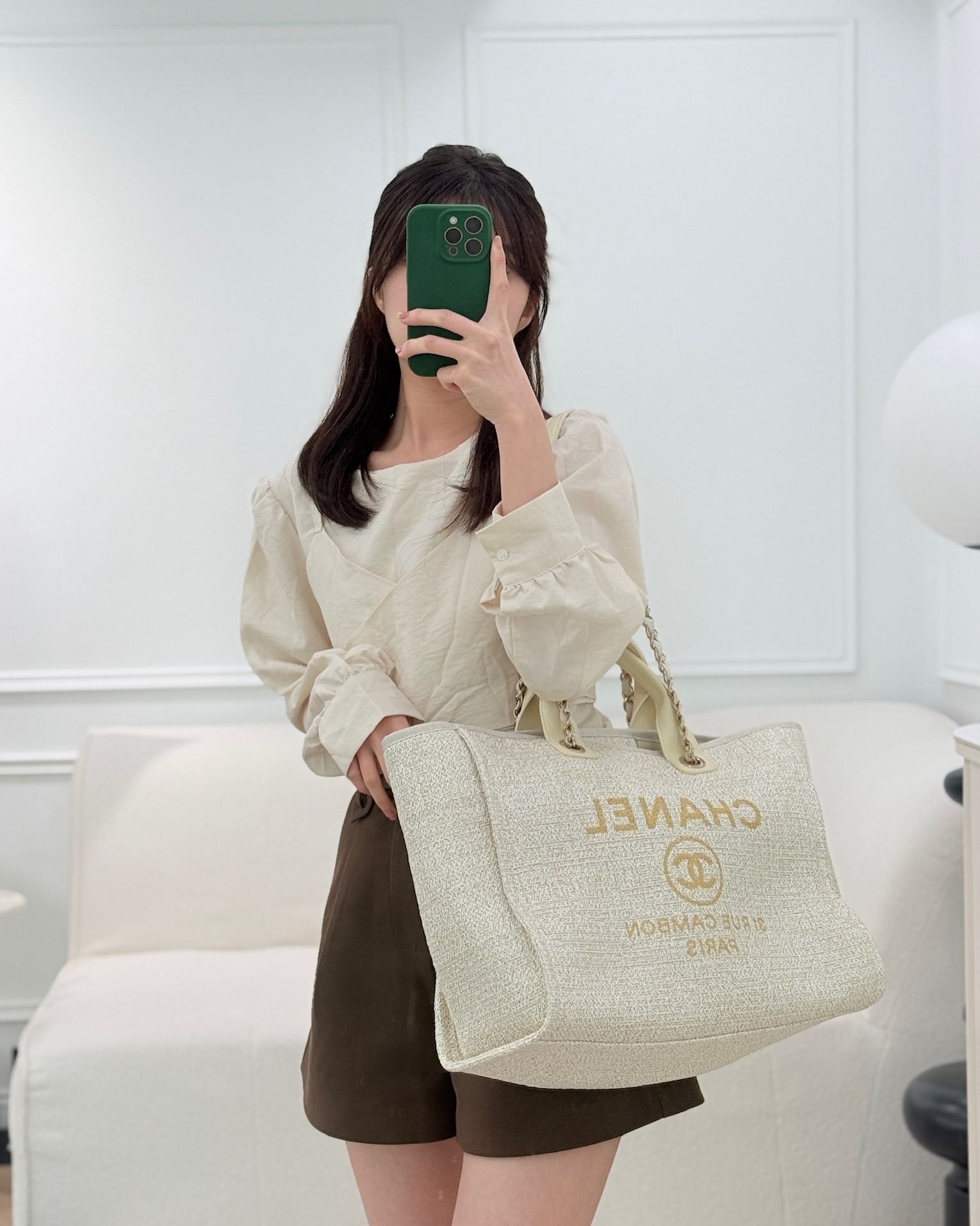 Chanel Large Deauville Ivory/Gold Canvas