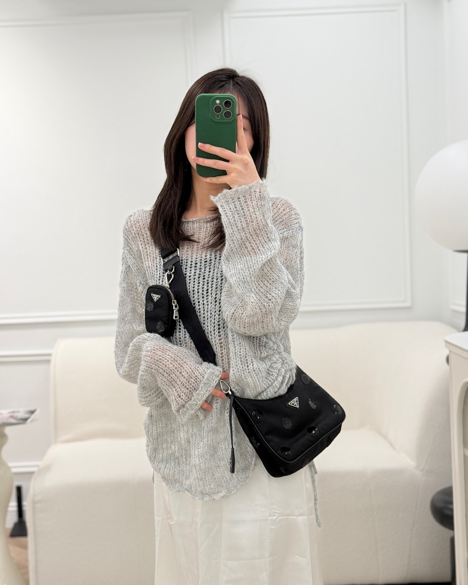 Prada Nylon Re-Edition 2005 Shoulder Bag Black Sequin Polka Dot