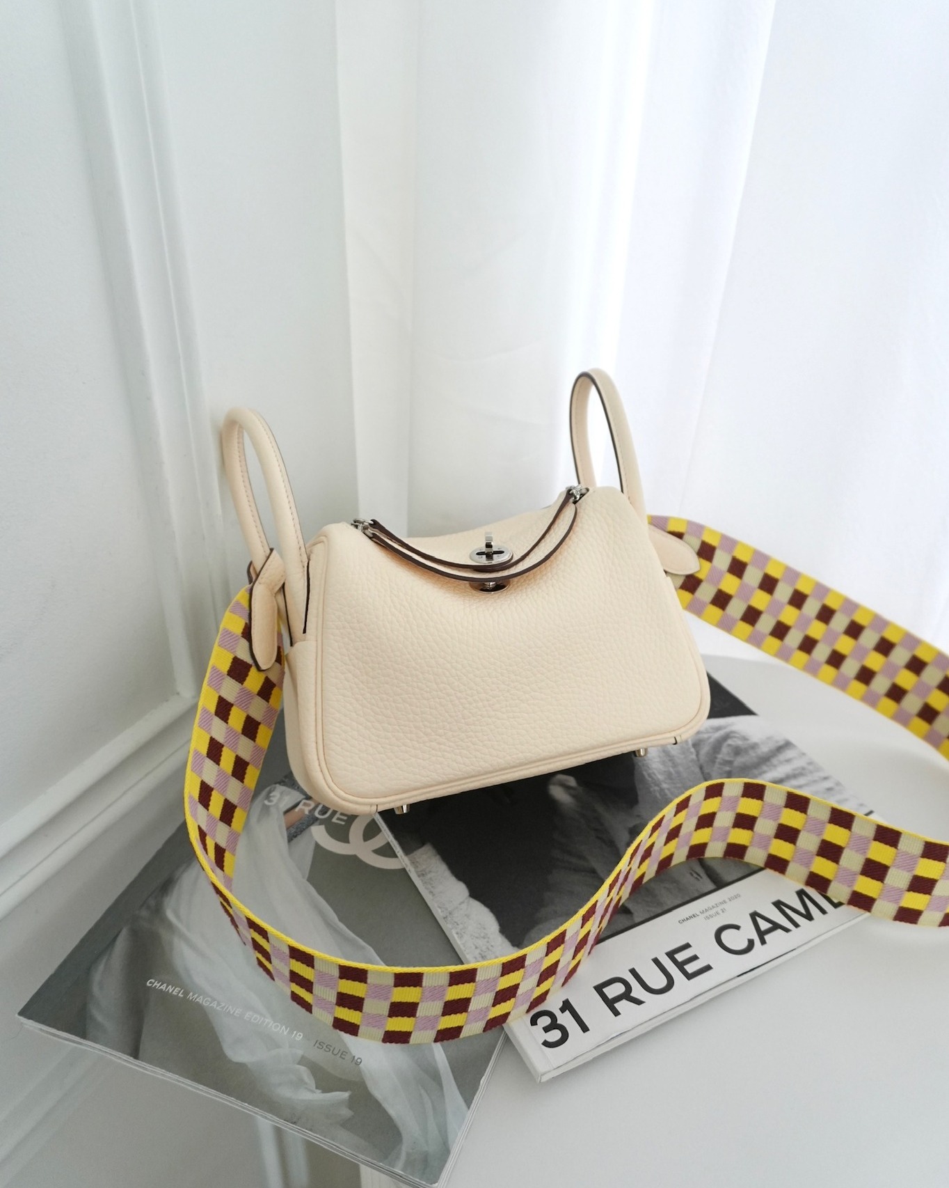 Hermès Mini Lindy Nata I2 Clemence Maxi Quadrille Lime/Mauve sylvestre Toile