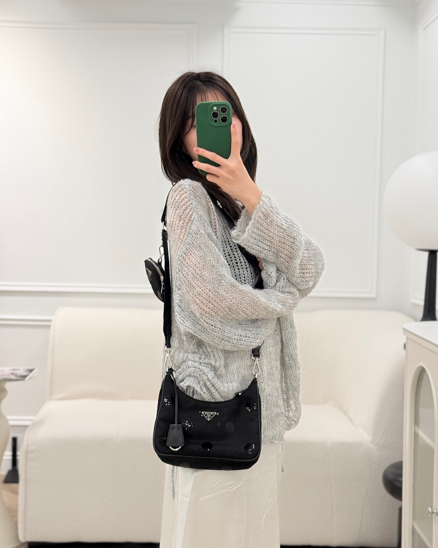 Prada Nylon Re-Edition 2005 Shoulder Bag Black Sequin Polka Dot