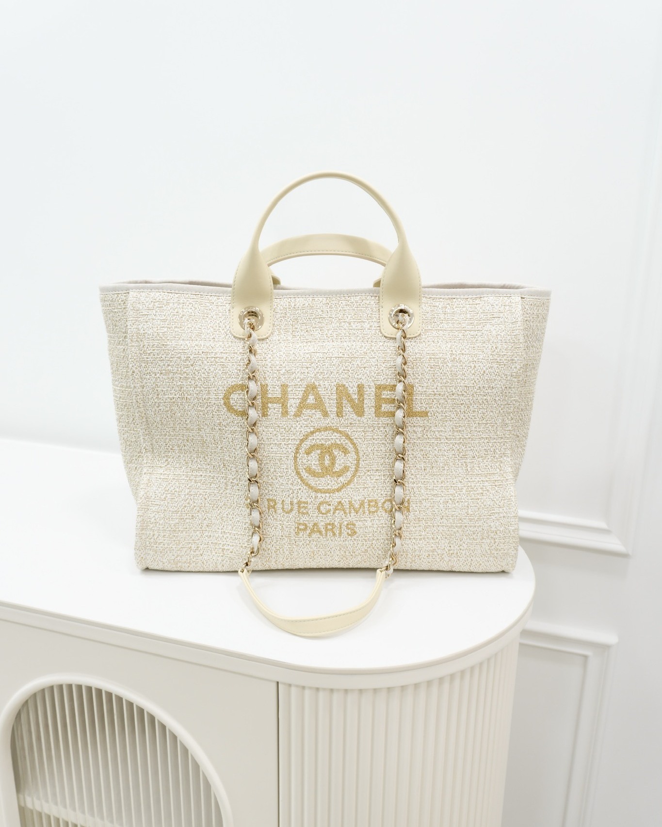 Chanel Large Deauville Ivory/Gold Canvas
