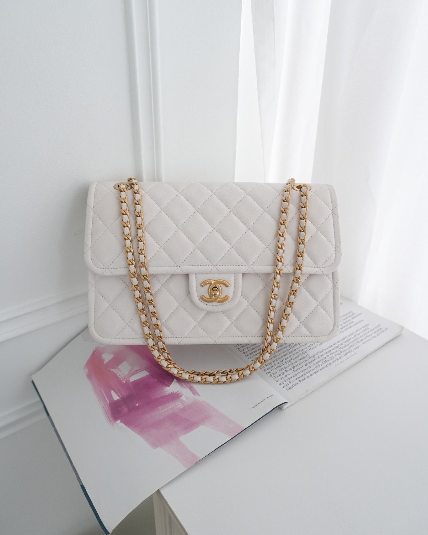 Chanel Large Quilted Sweet Classic Flap White Caviar Aged