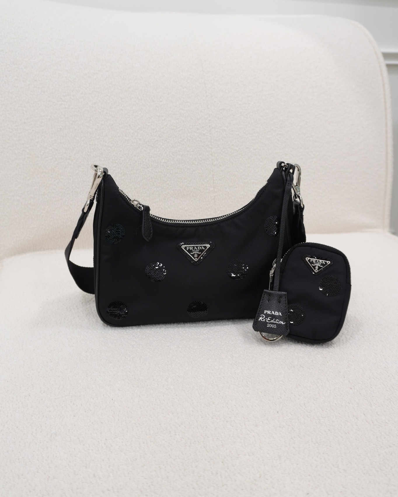 Prada Nylon Re-Edition 2005 Shoulder Bag Black Sequin Polka Dot