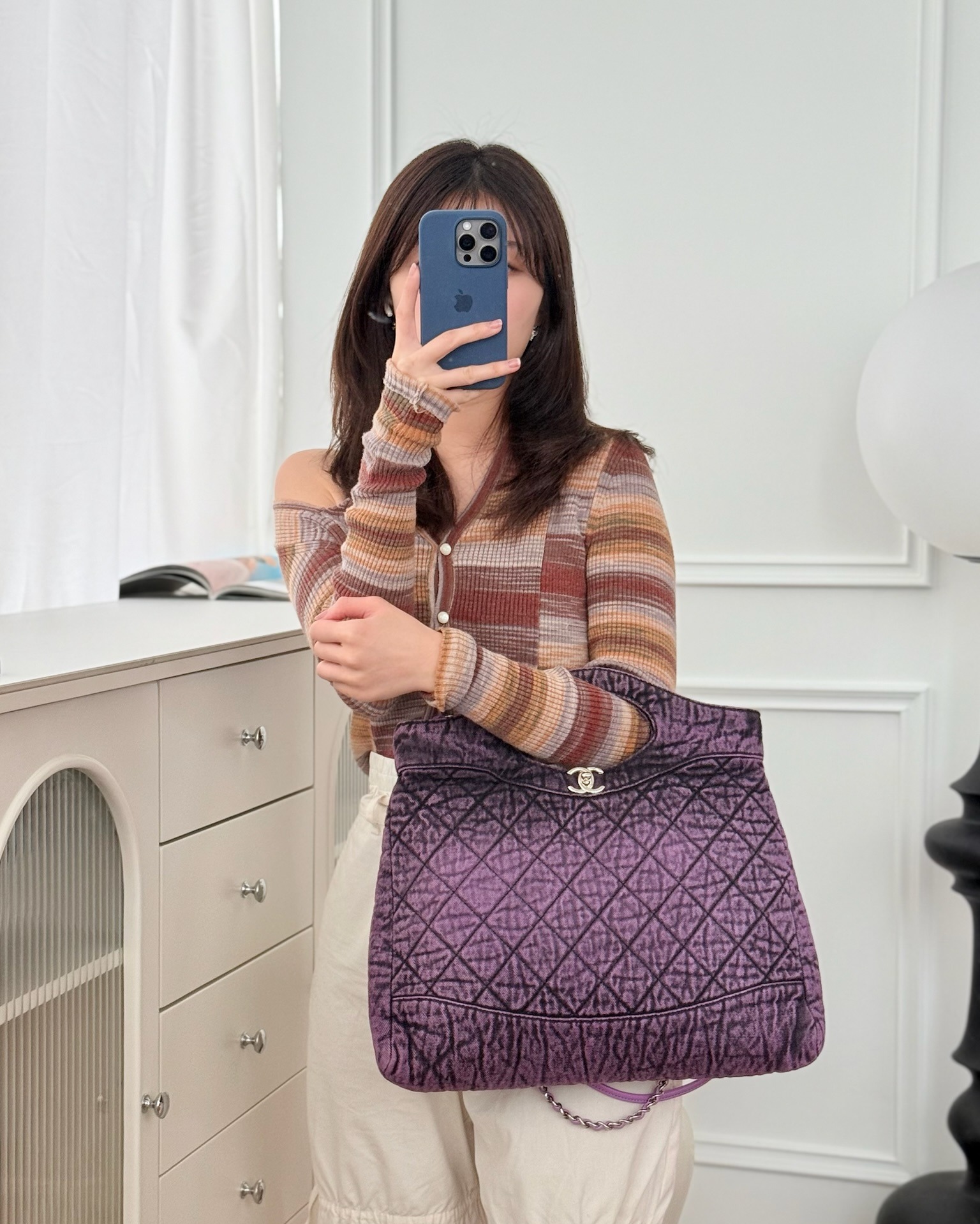 Chanel 31 Large Shopping Bag Quilted Denimpression Purple Black