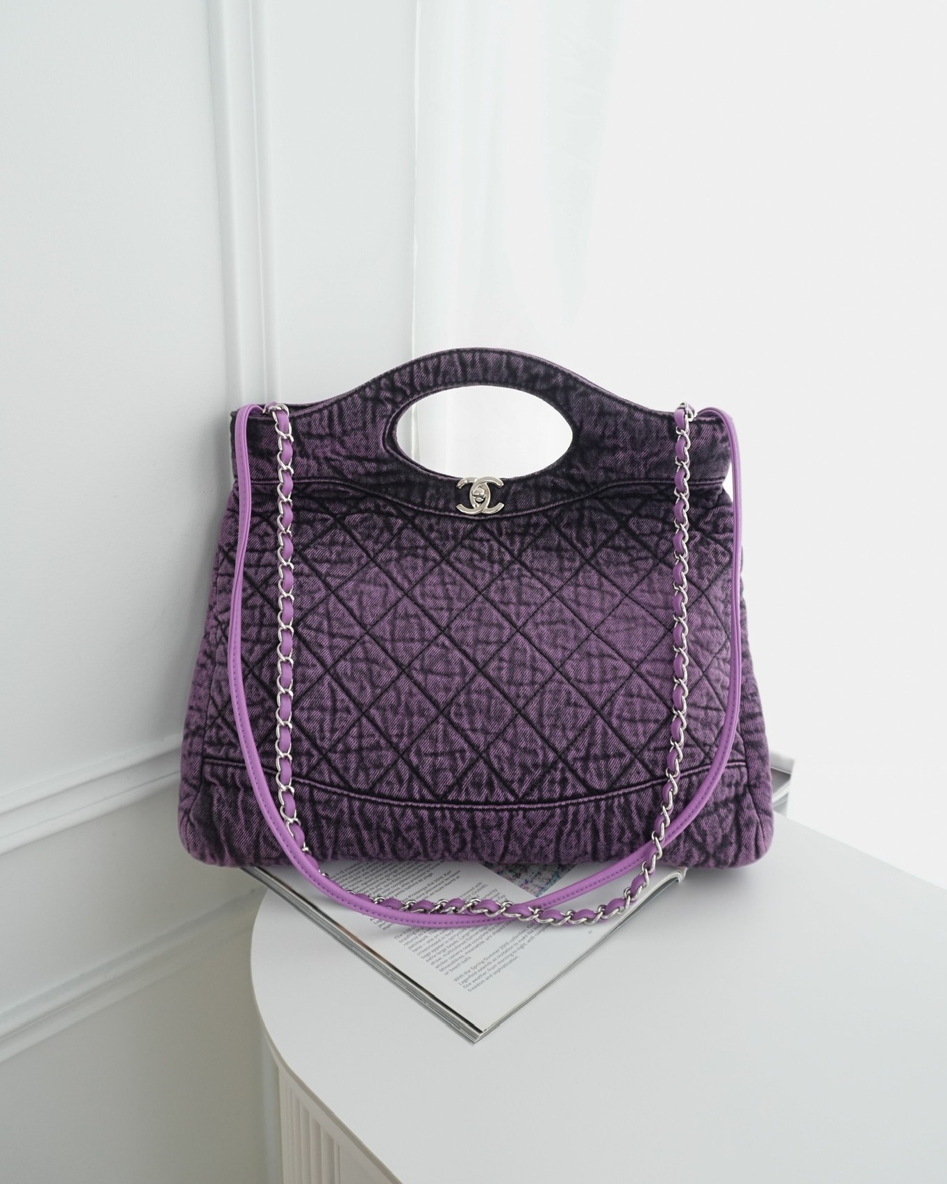 Chanel 31 Large Shopping Bag Quilted Denimpression Purple Black