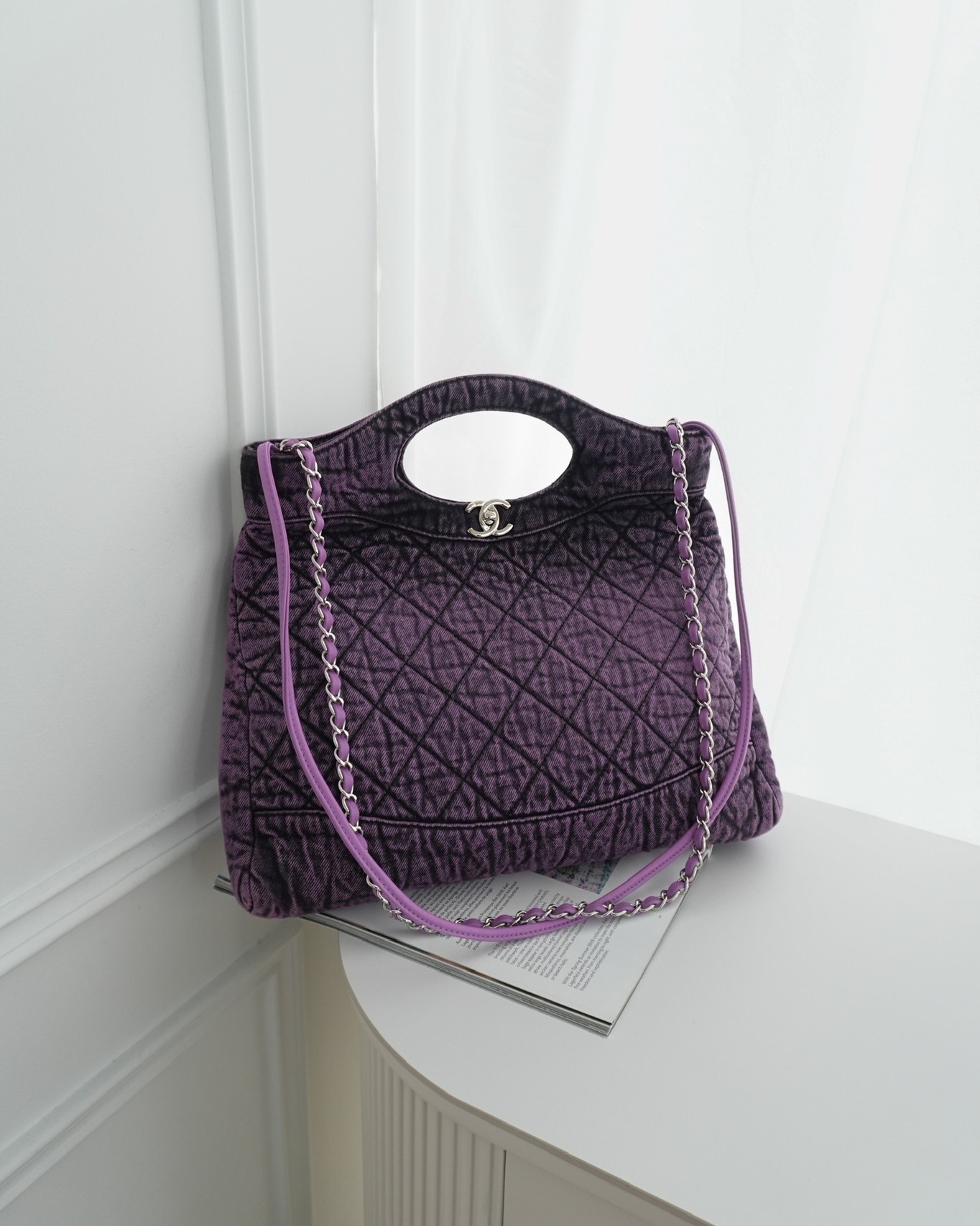 Chanel 31 Large Shopping Bag Quilted Denimpression Purple Black