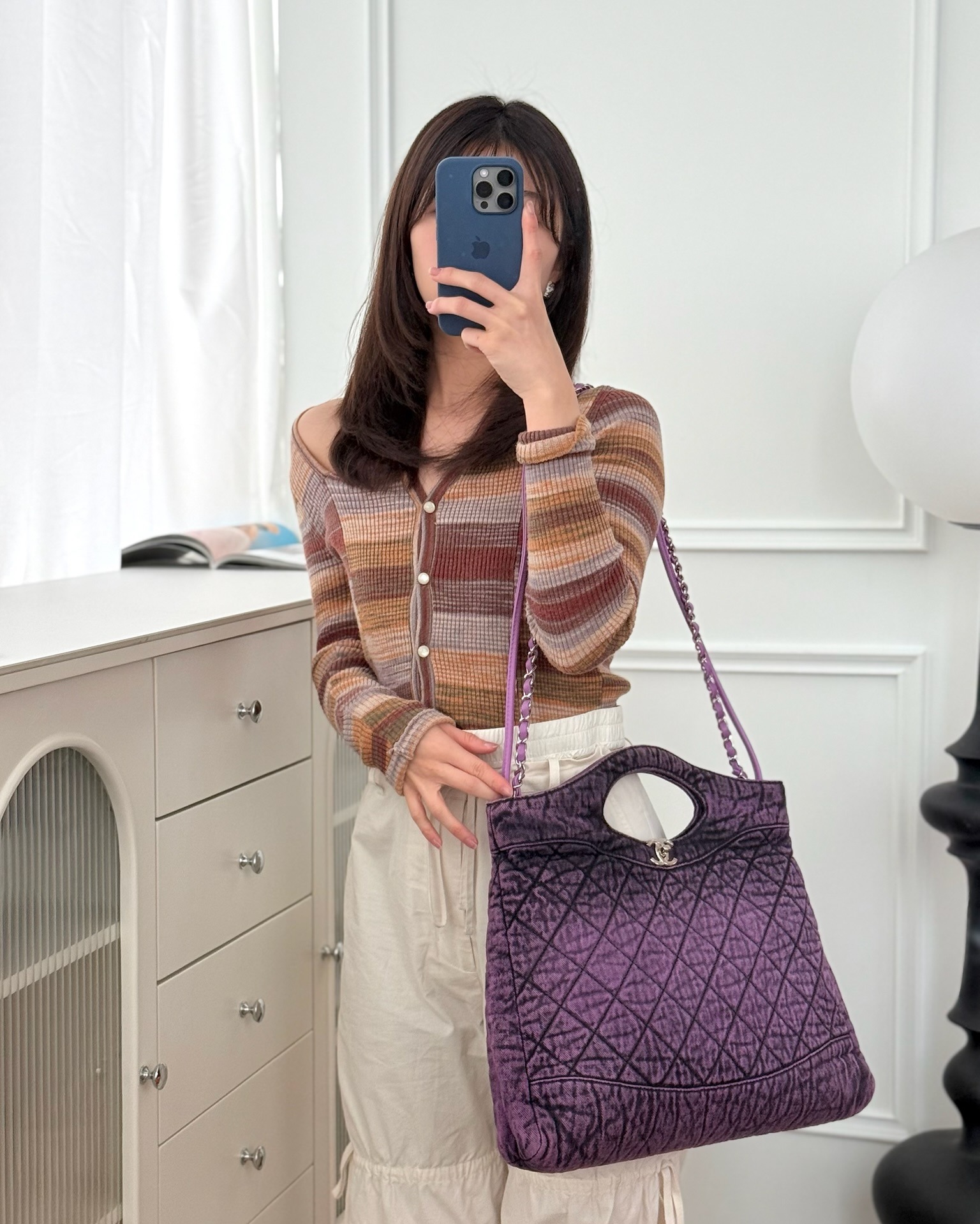 Chanel 31 Large Shopping Bag Quilted Denimpression Purple Black