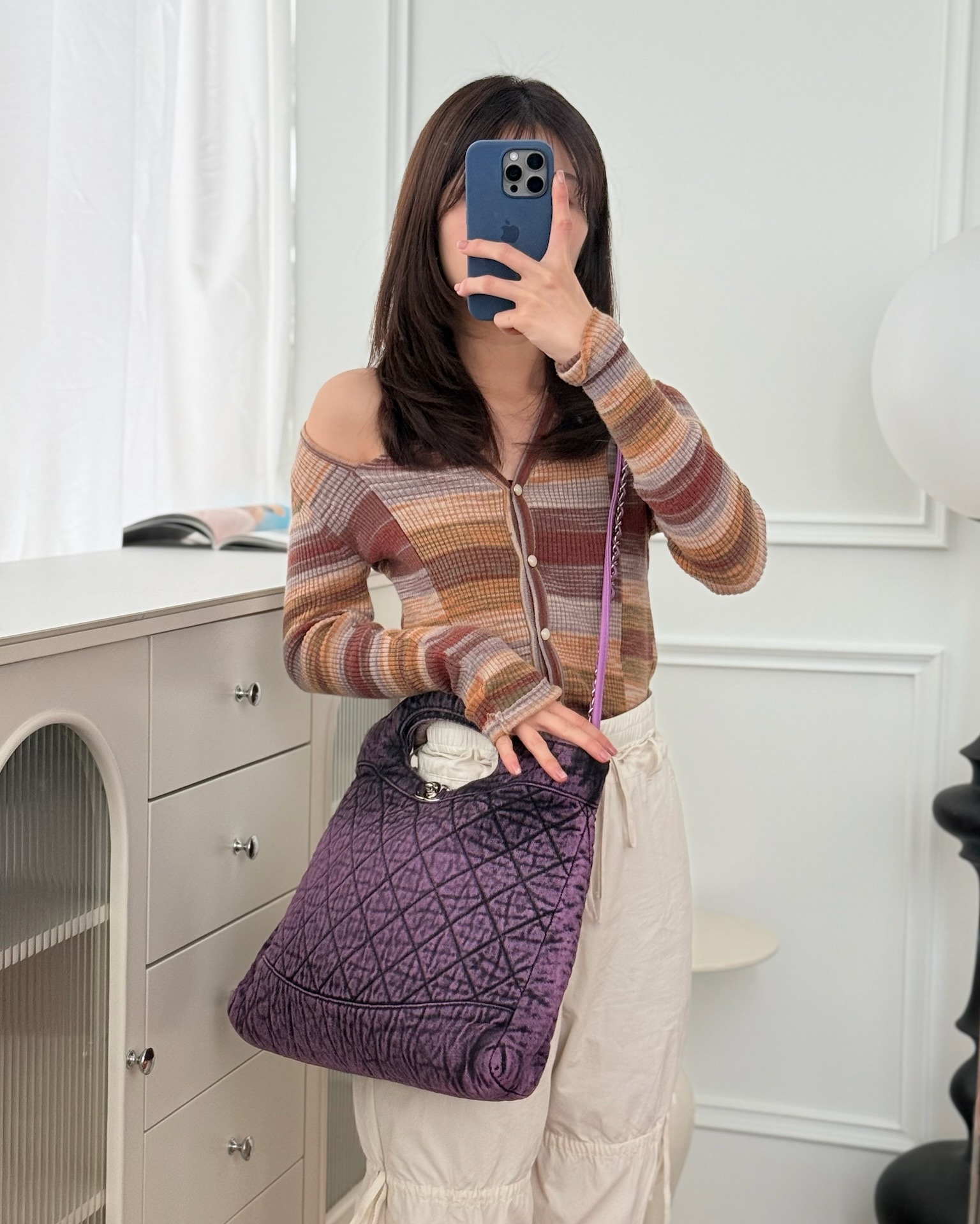 Chanel 31 Large Shopping Bag Quilted Denimpression Purple Black