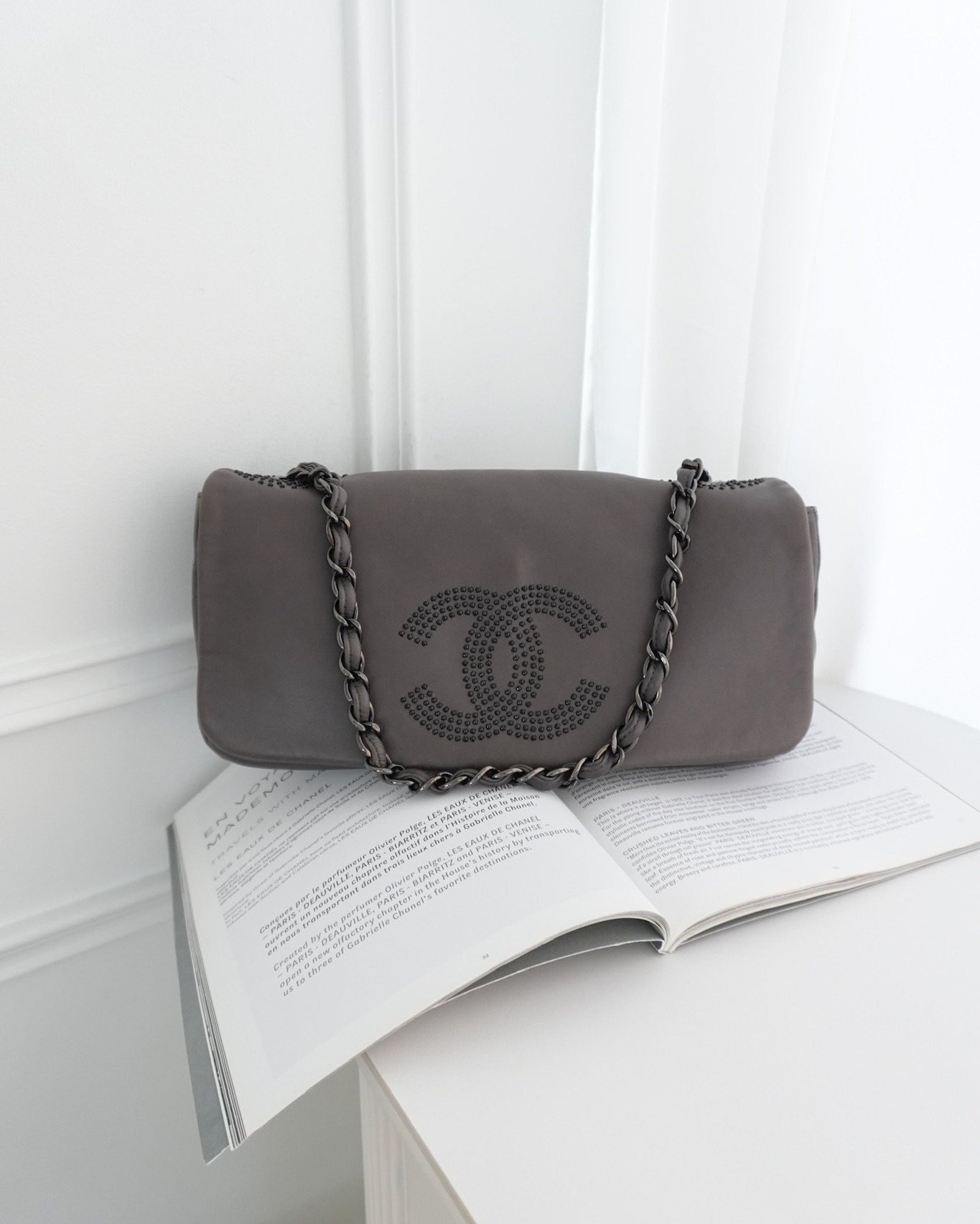 Chanel Studded CC East West Flap Shoulder Bag Lambskin Dark Grey