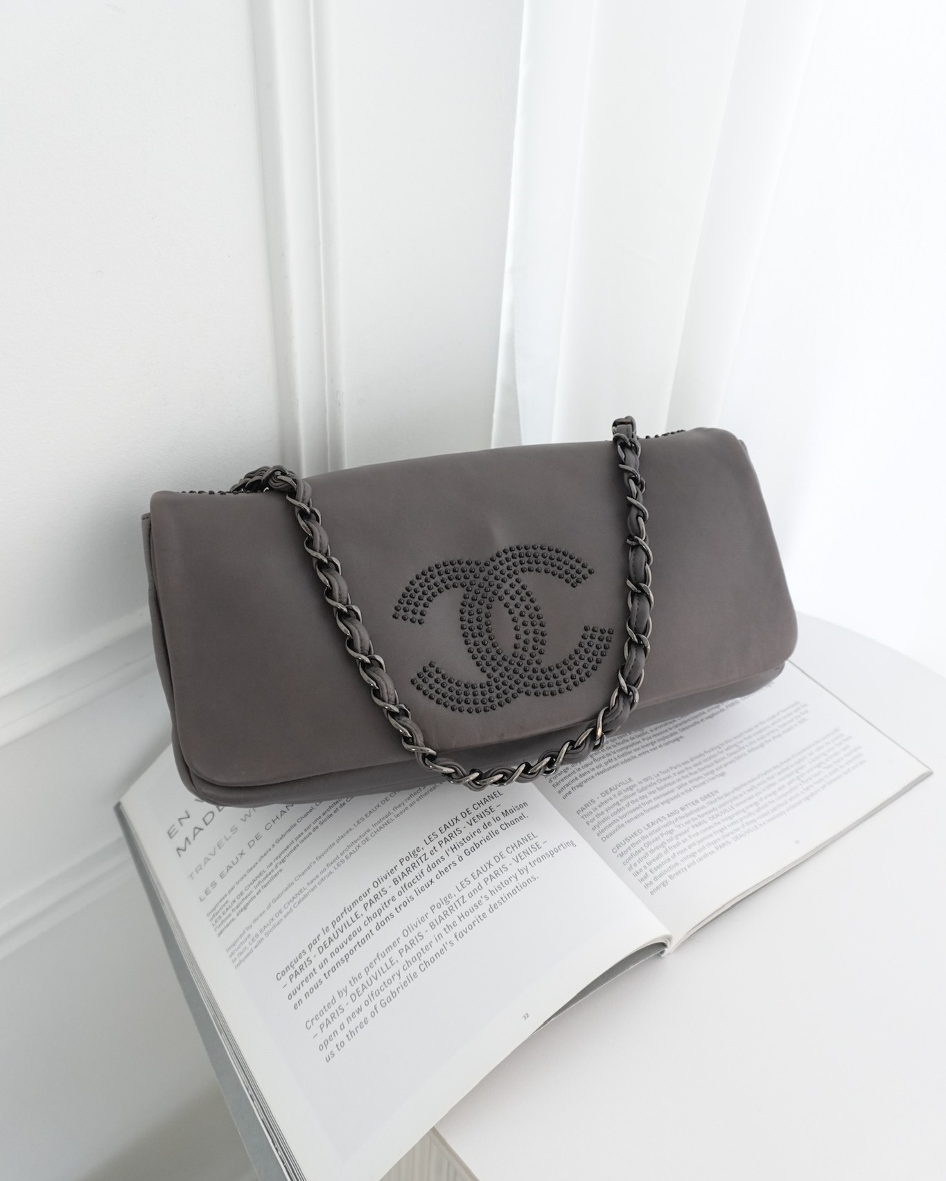 Chanel Studded CC East West Flap Shoulder Bag Lambskin Dark Grey