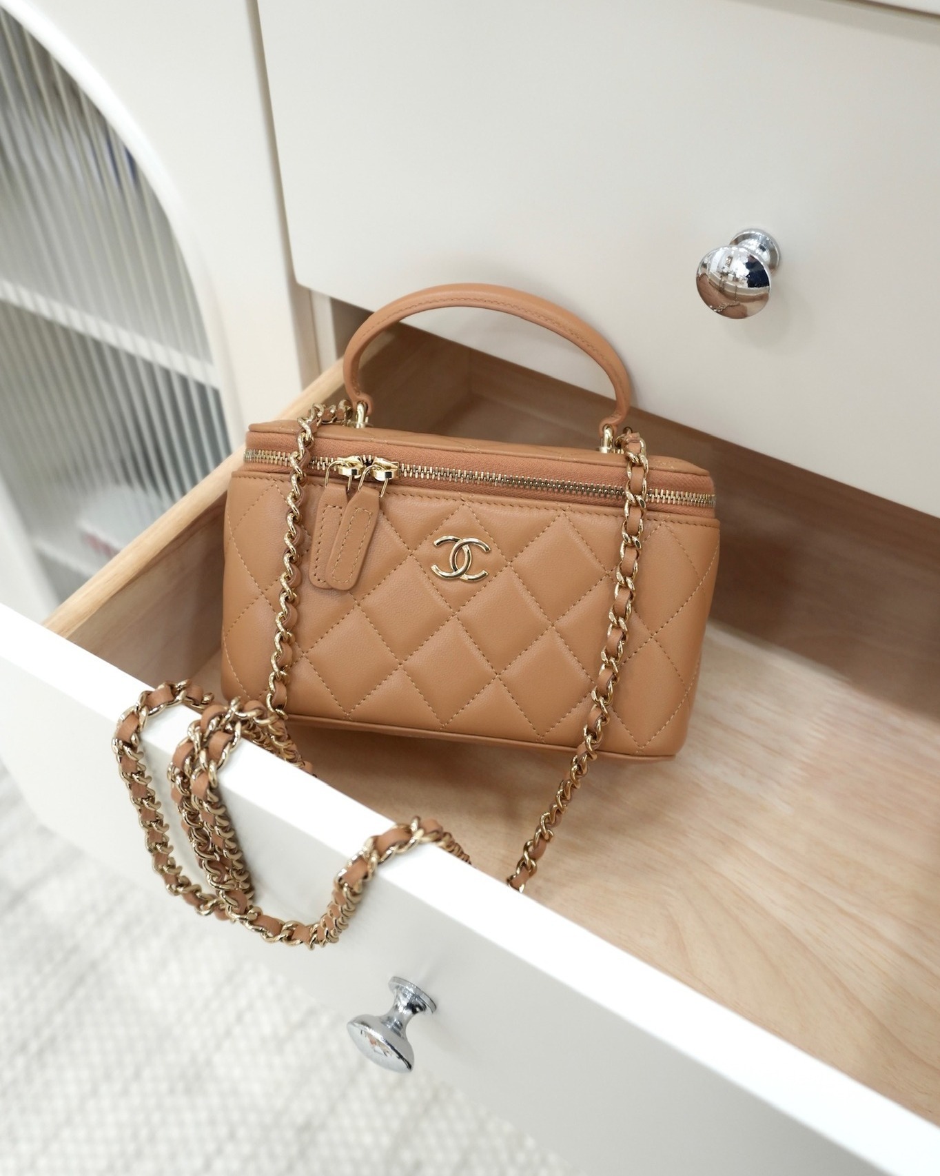 Chanel Top Handle Vanity with Chain Caramel Beige Lambskin