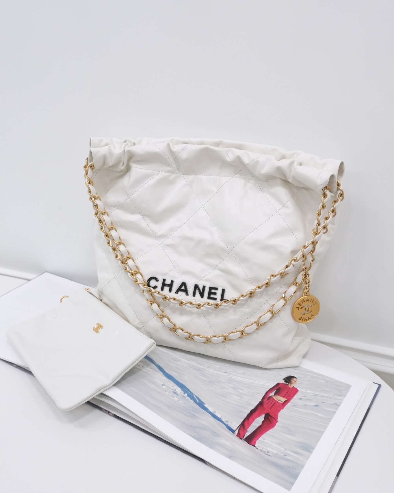 Chanel 22 Small White Aged Calfskin Black Logo Aged
