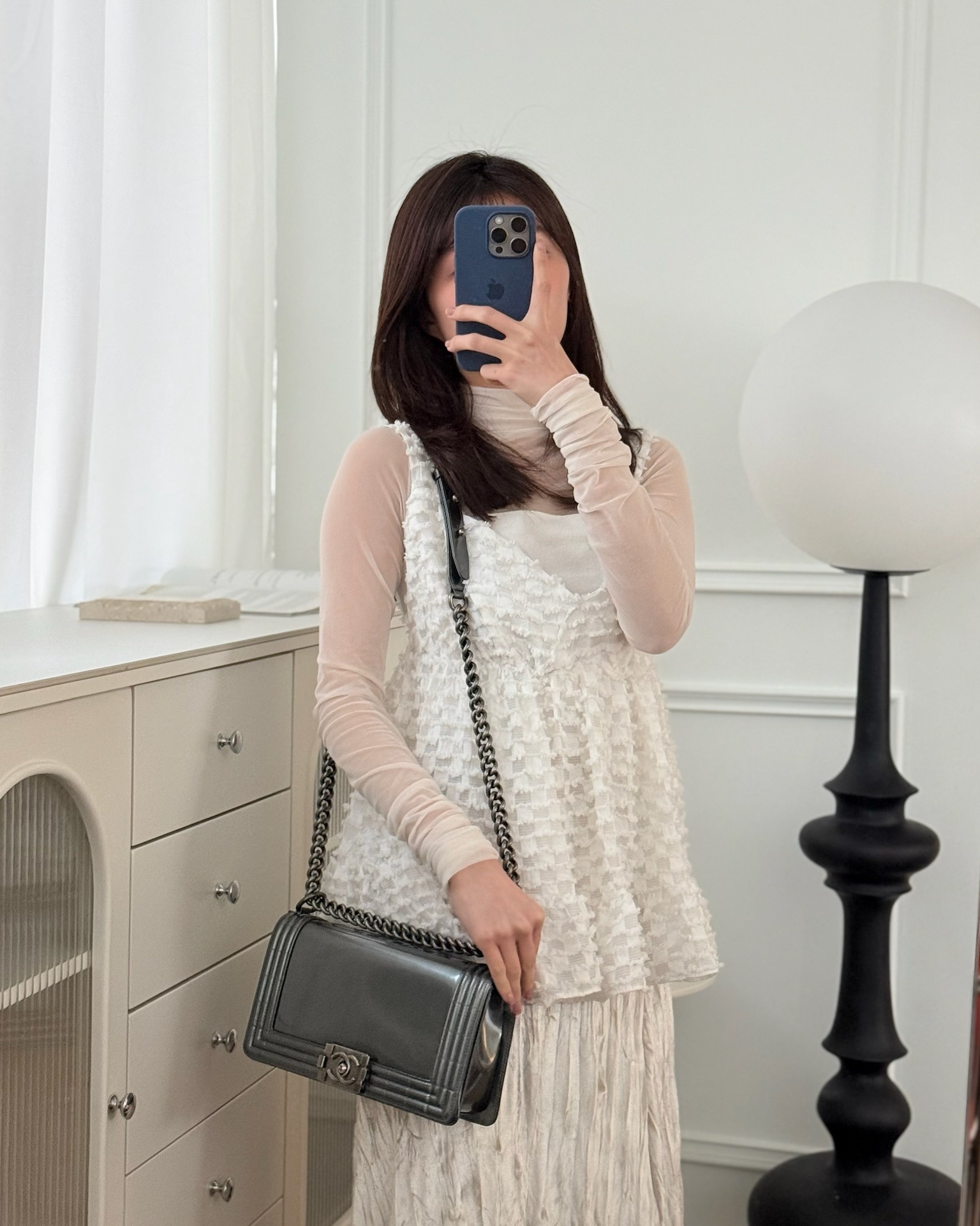 Chanel Medium Boy Metallic Dark Grey Iridescent Glazed Calfskin