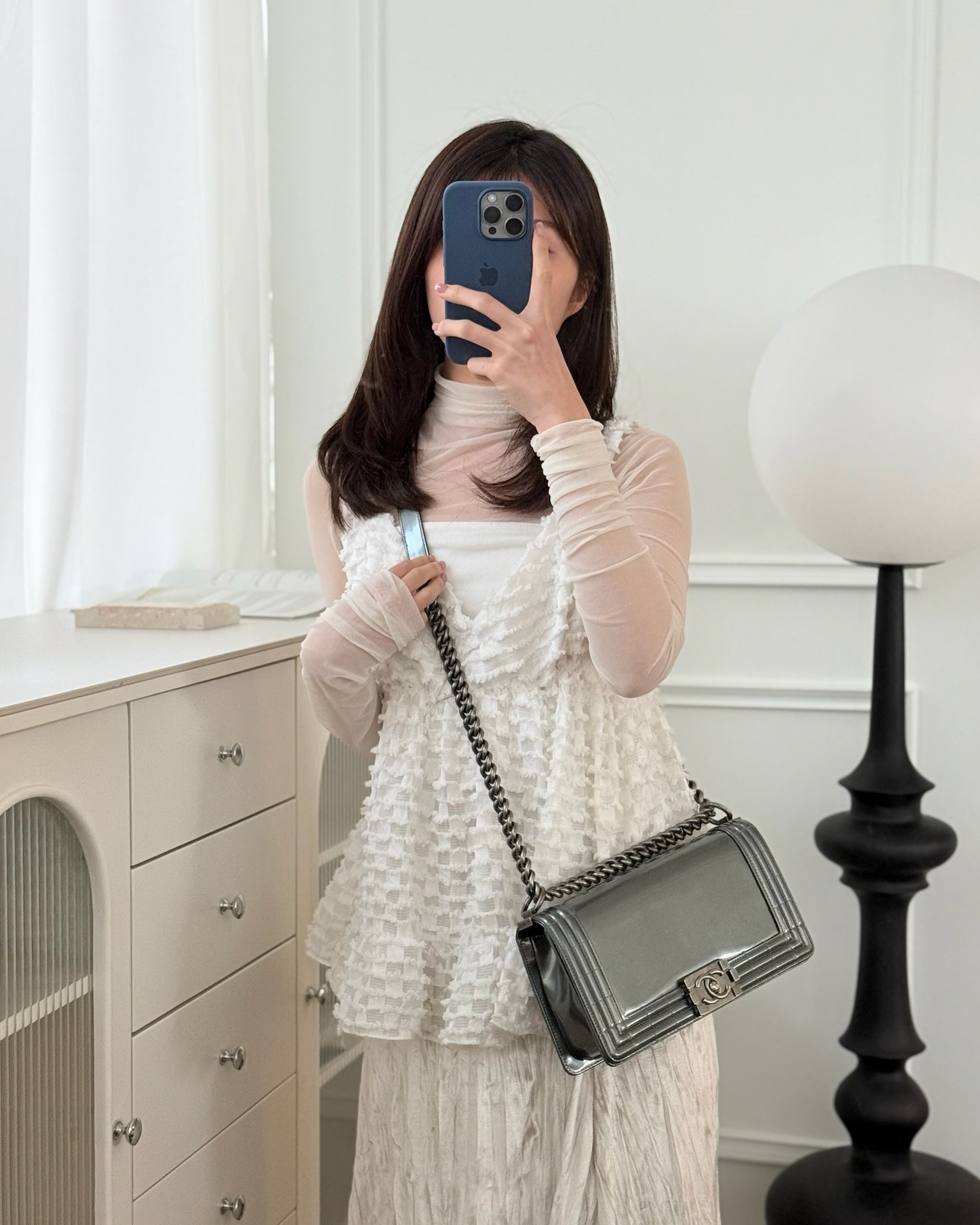 Chanel Medium Boy Metallic Dark Grey Iridescent Glazed Calfskin