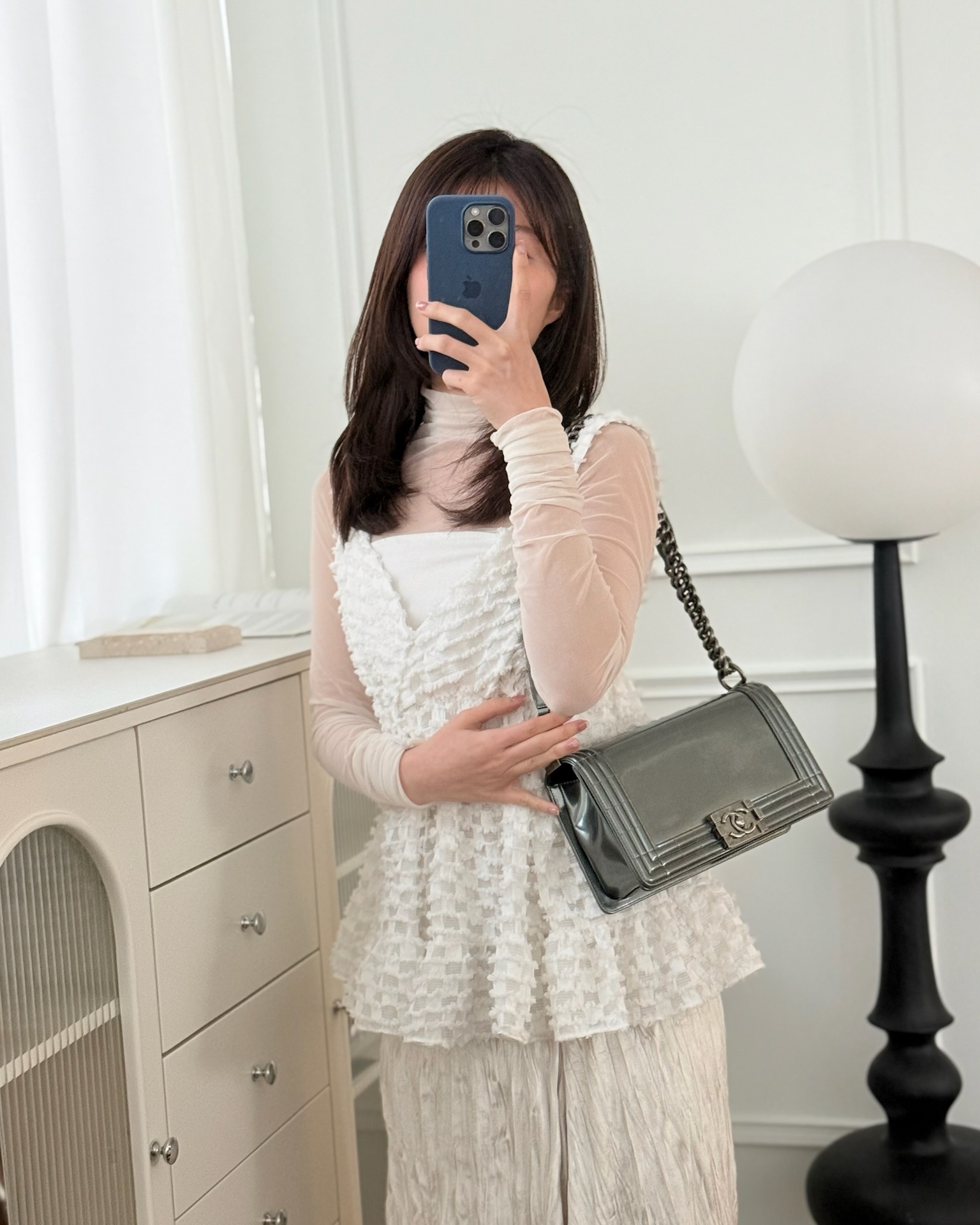 Chanel Medium Boy Metallic Dark Grey Iridescent Glazed Calfskin