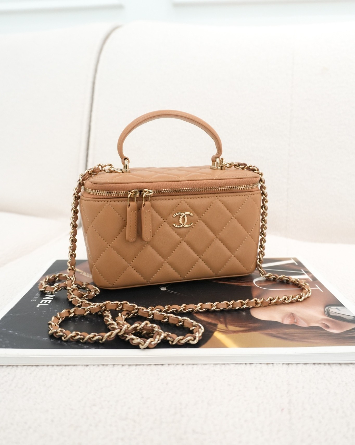 Chanel Top Handle Vanity with Chain Caramel Beige Lambskin