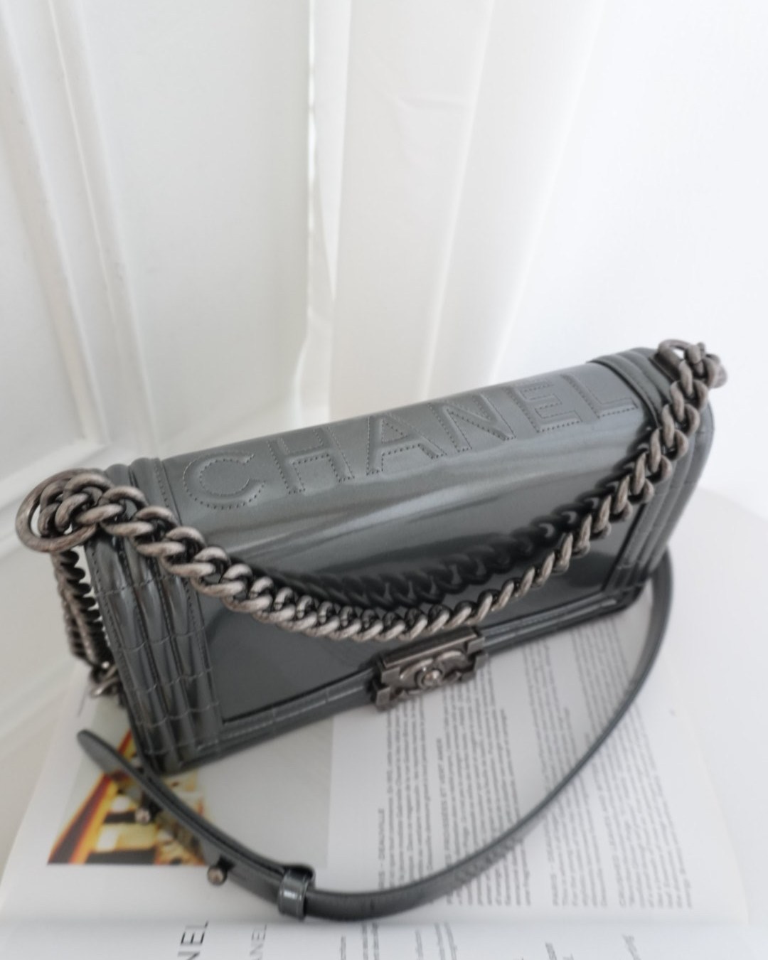 Chanel Medium Boy Metallic Dark Grey Iridescent Glazed Calfskin