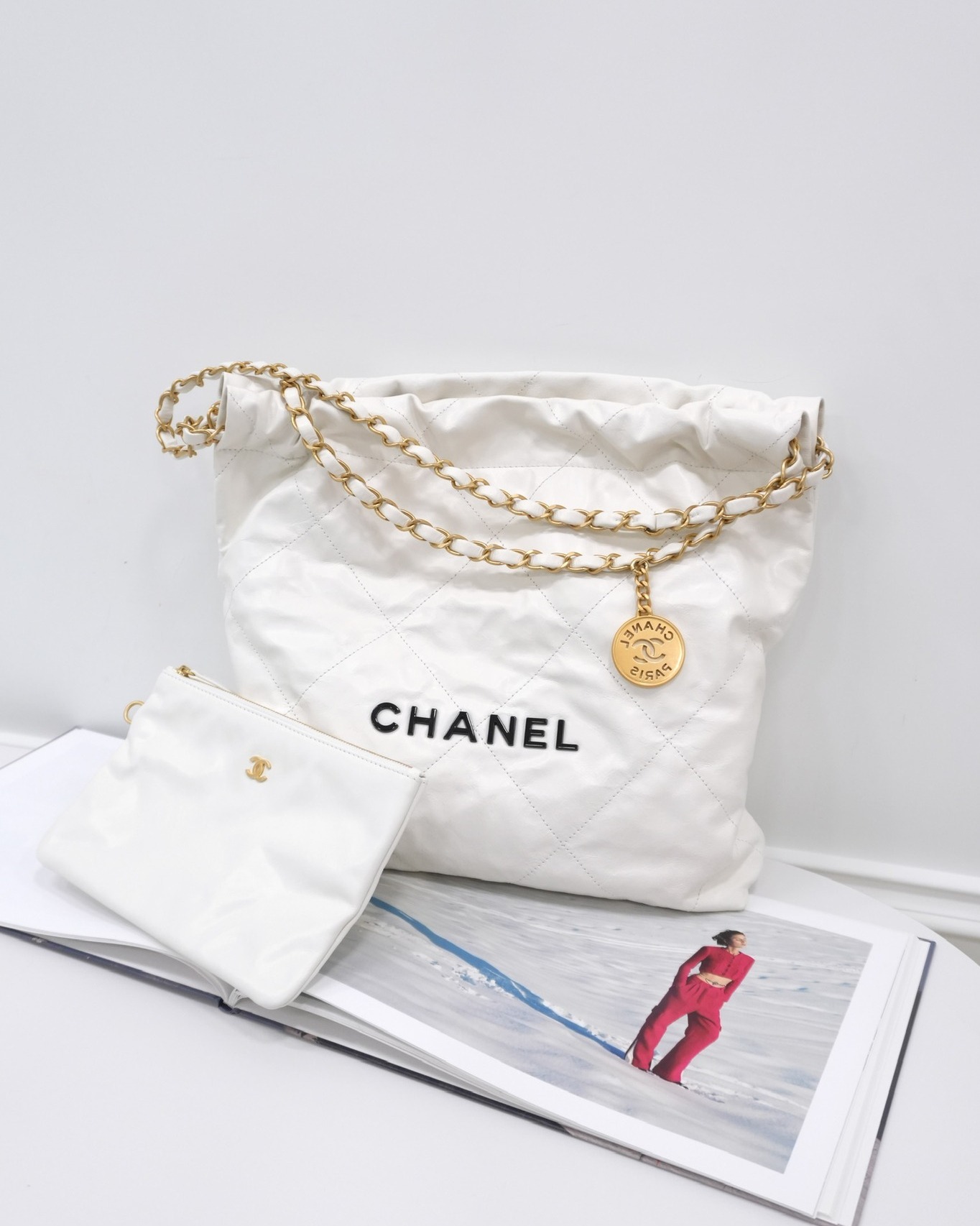 Chanel 22 Small White Aged Calfskin Black Logo Aged