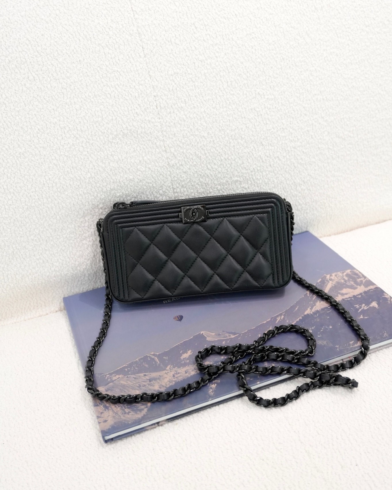 Chanel Boy Double Zip Clutch On Chain So Black Lambskin