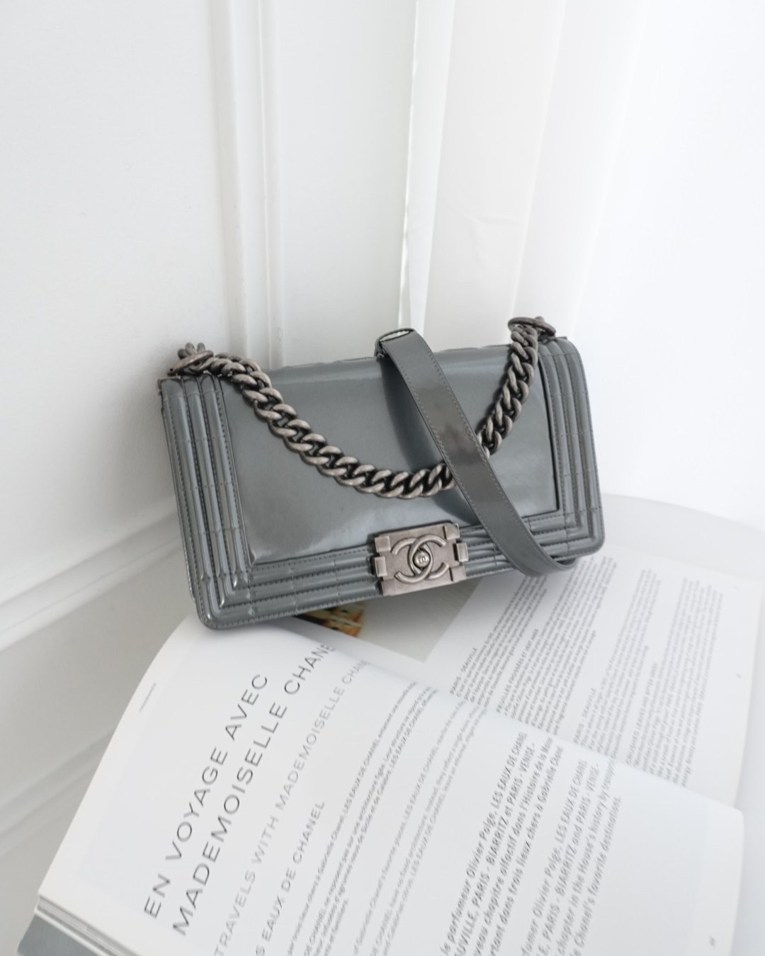 Chanel Medium Boy Metallic Dark Grey Iridescent Glazed Calfskin