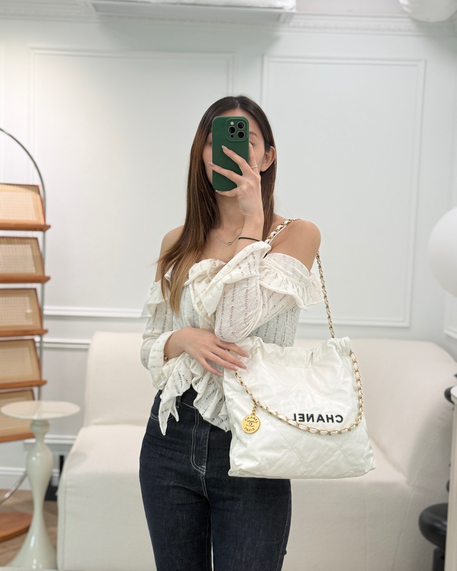 Chanel 22 Small White Aged Calfskin Black Logo Aged