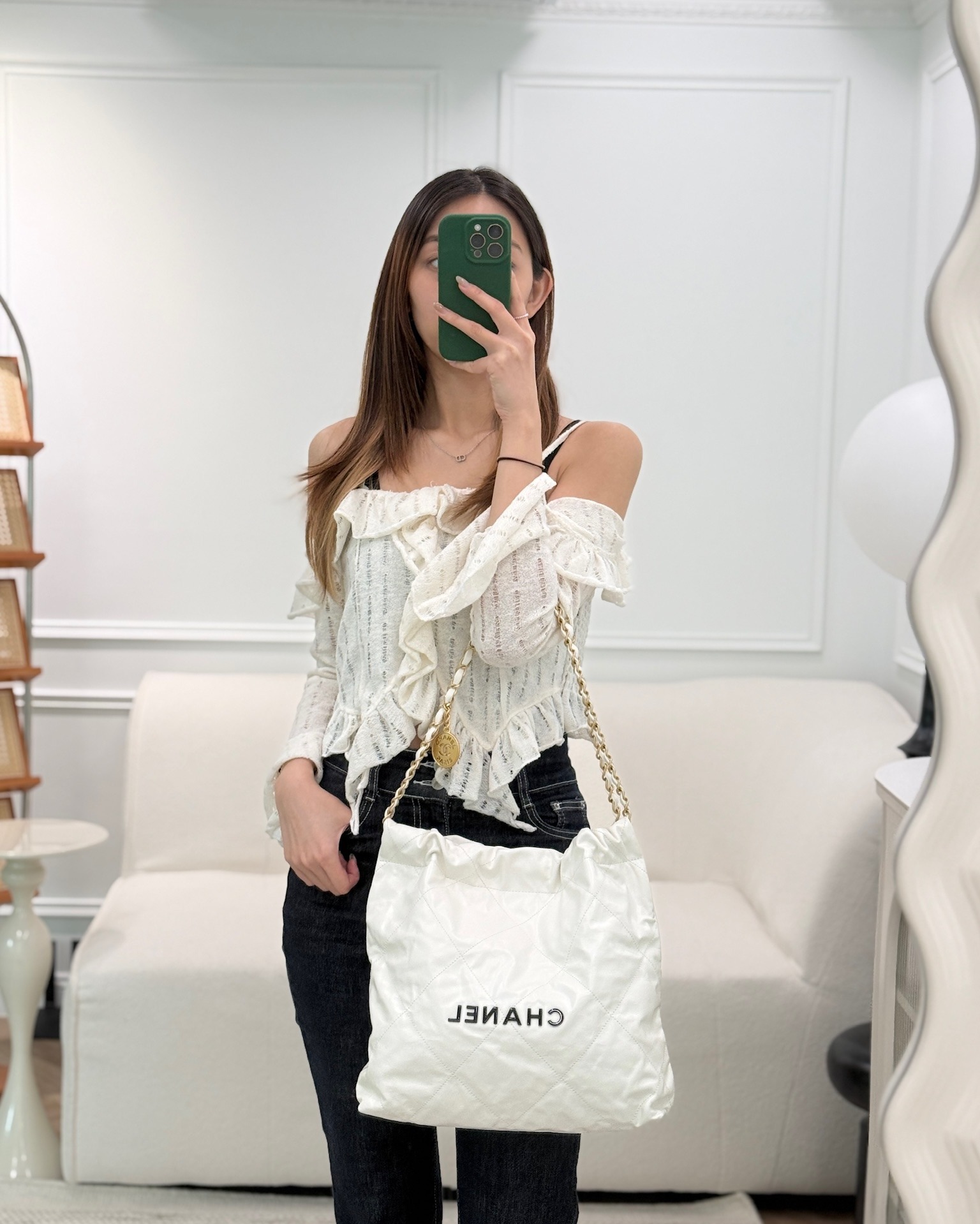 Chanel 22 Small White Aged Calfskin Black Logo Aged