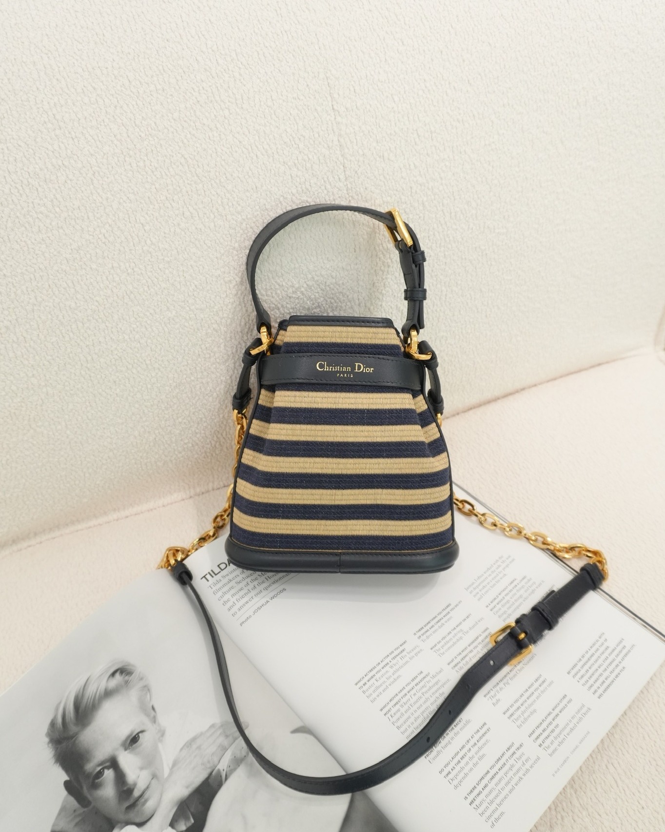 Dior Small C'est Dior Bucket Bag Natural Denim Blue Raffia