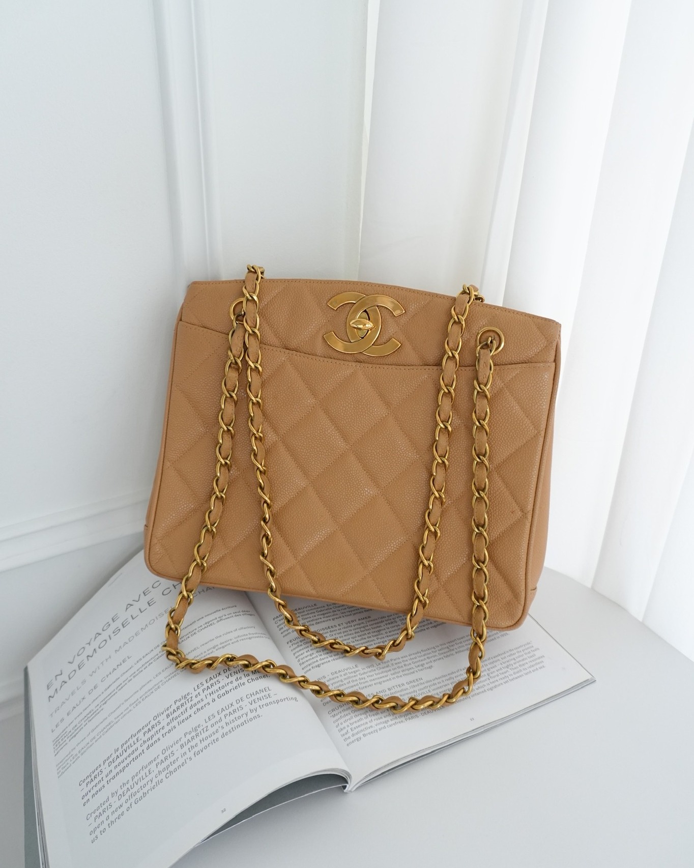 Chanel Vintage CC Quilted Tote Dark Beige Caviar 24K