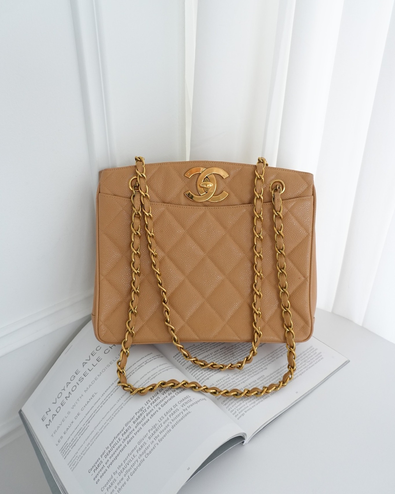Chanel Vintage CC Quilted Tote Dark Beige Caviar 24K