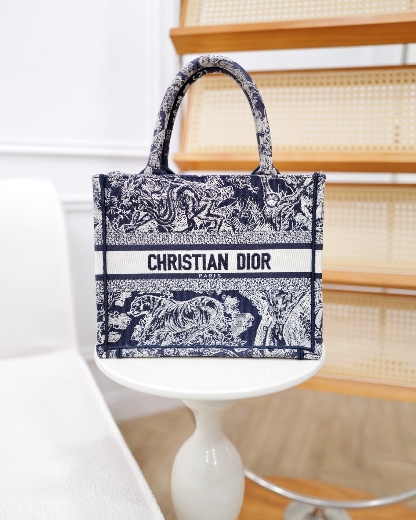 Dior New Small Book Tote Embroidered Toile De Jouy Navy