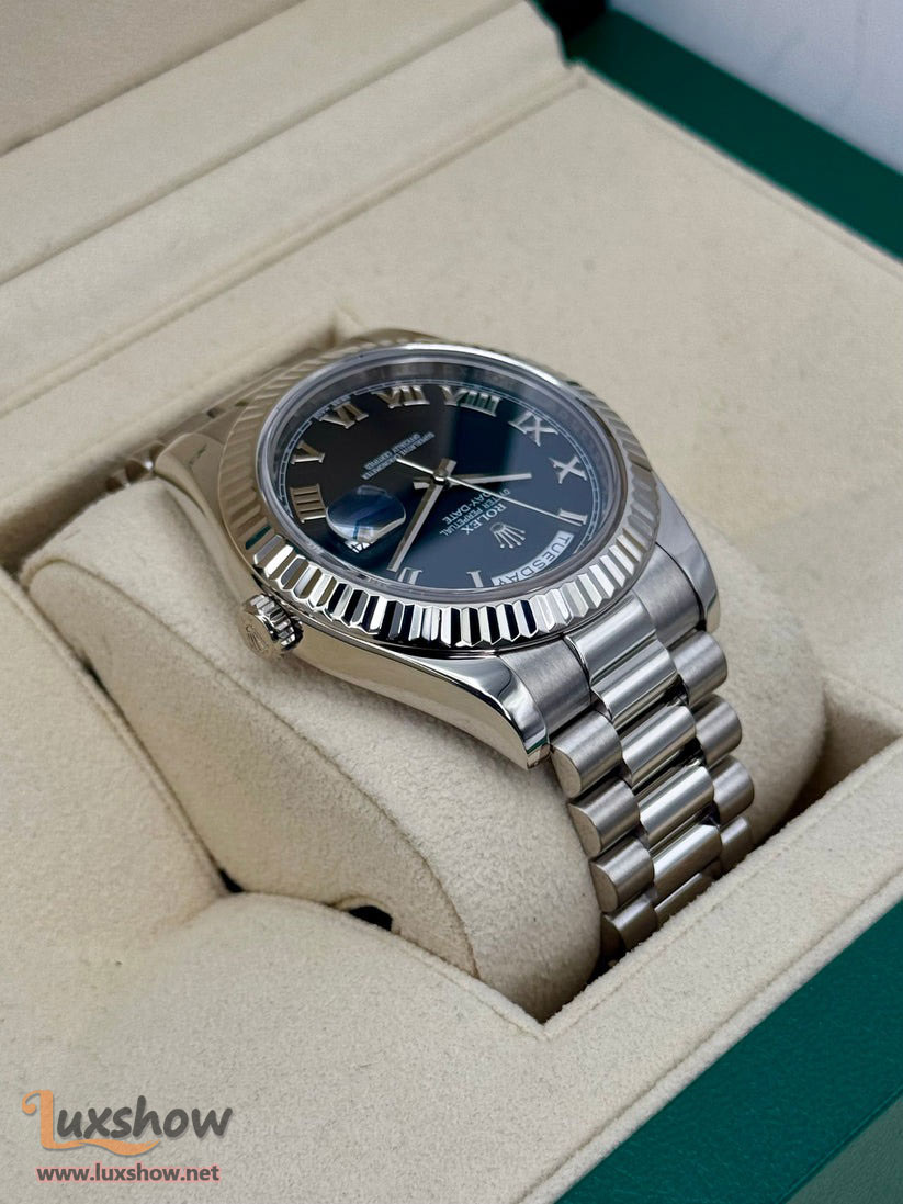 Rolex Day-Date II 41mm 218239 18 kt White Gold with 18kt White Gold Fluted Bezel and Presidential Bracelet with Black Roman Numeral Dial